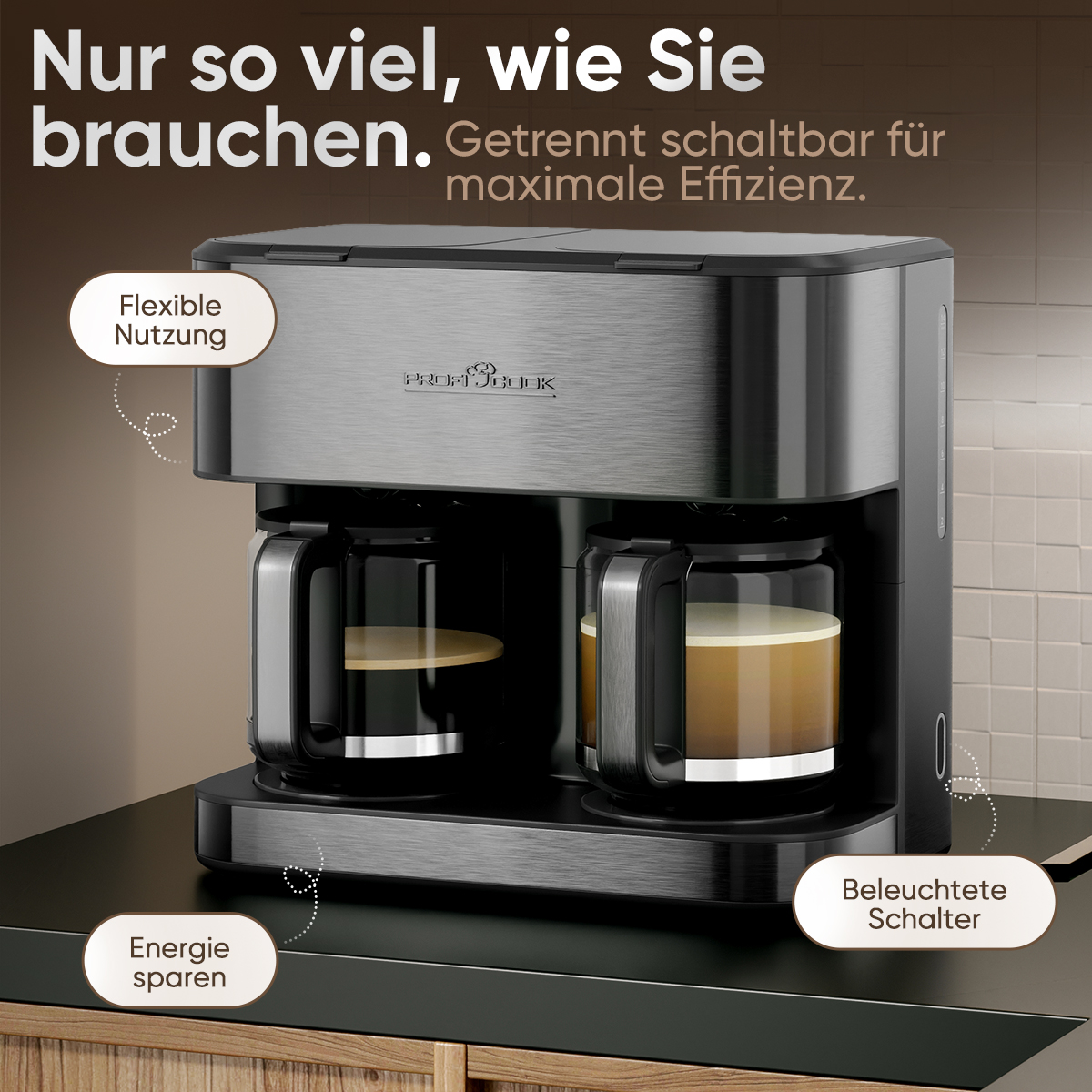 Kaffeemaschine mit zwei Glaskaraffen, Edelstahl-Finish, beleuchteten Schaltern.