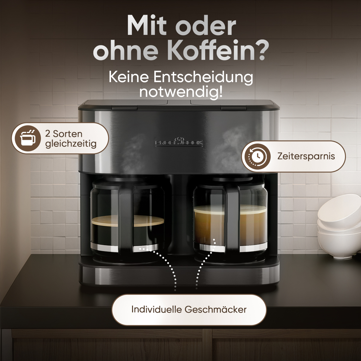Kaffeemaschine mit zwei Kannen, die gleichzeitig Kaffee brüht.