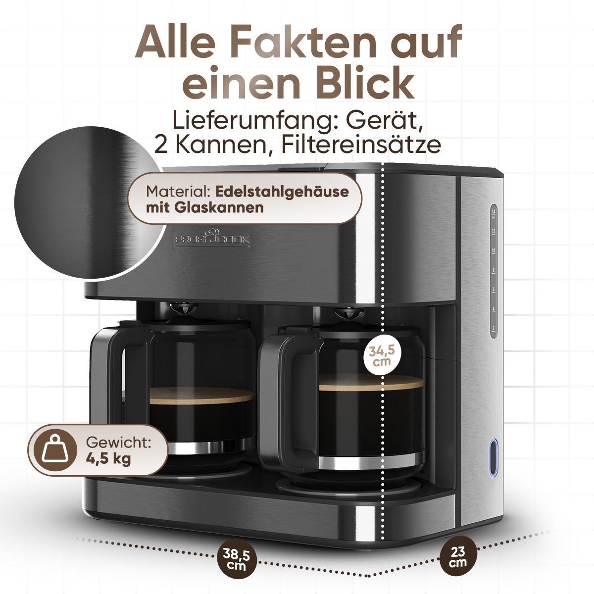 Kaffeemaschine aus Edelstahl mit 2 Glaskannen, 34,5 cm hoch, 38,5 cm breit, 23 cm tief.