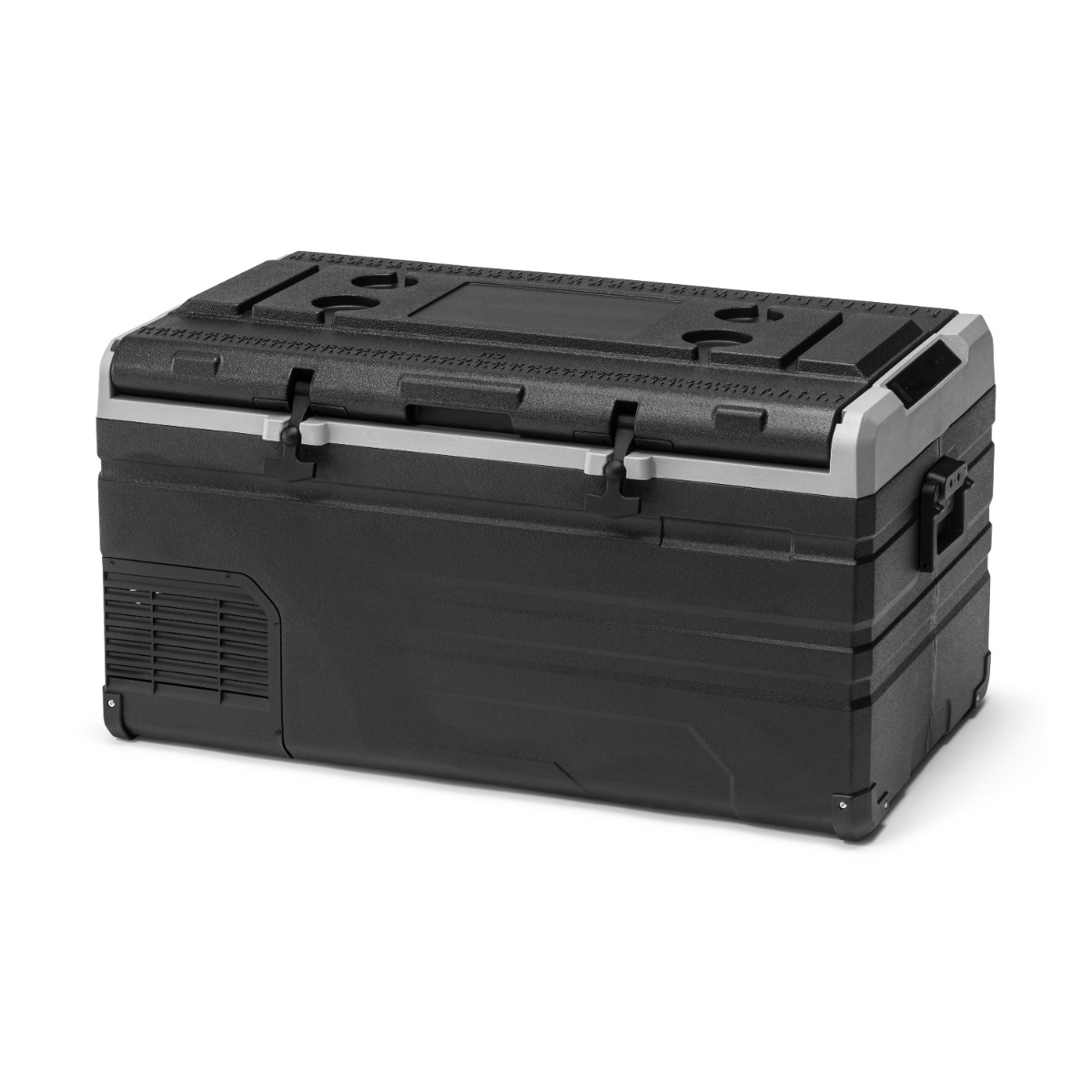 Schwarze Kühlbox mit silbernen Akzenten und Griffen, auf weißem Hintergrund.
