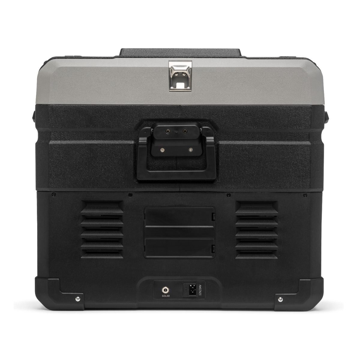 Ein schwarzer und grauer Kühlbox mit Griffen und Anschlüssen.