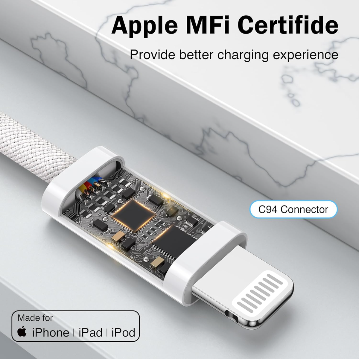 Weißes geflochtenes Kabel mit freigelegtem C94-Anschluss, das interne Schaltkreise und das Logo „Made for iPhone“ zeigt.