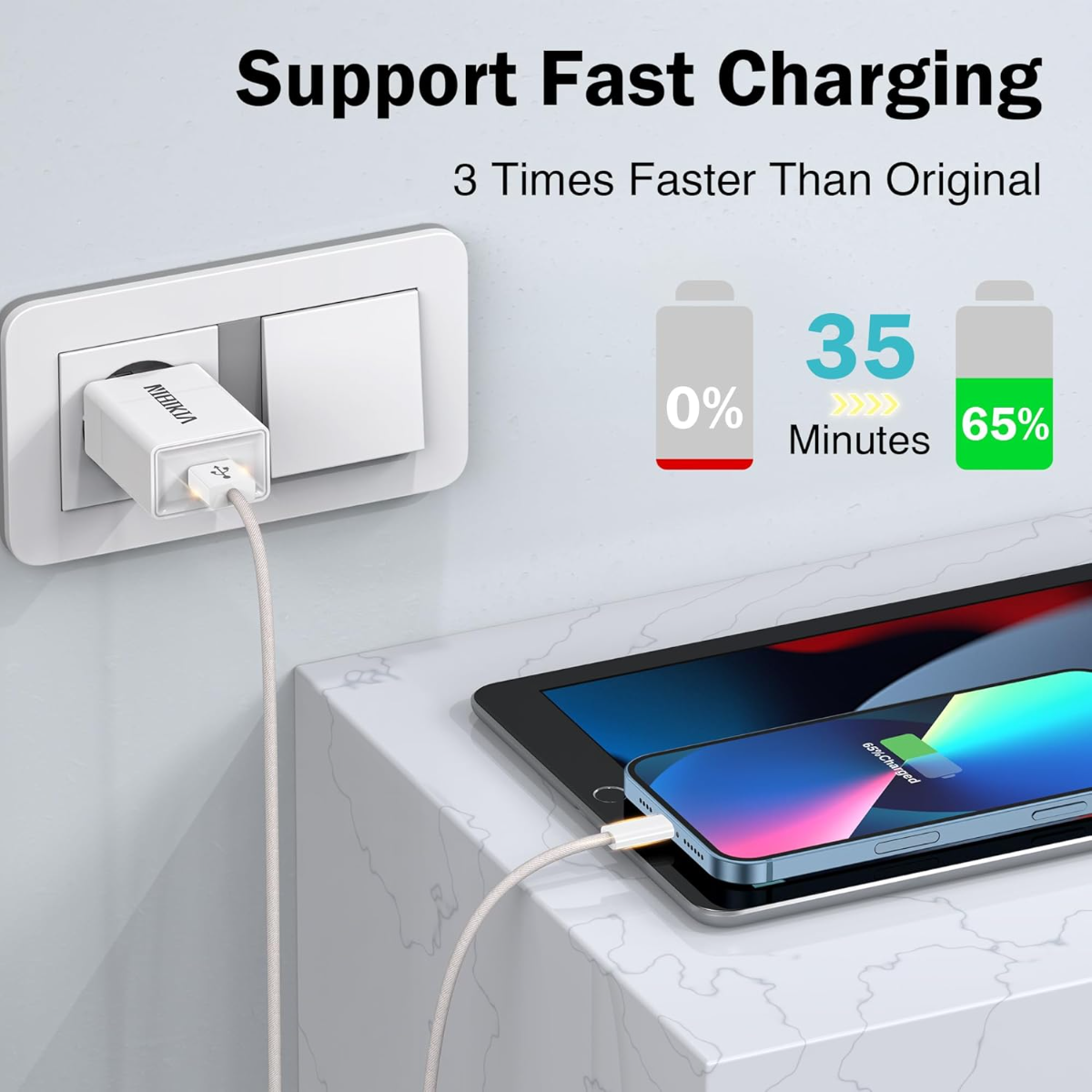 Ein weißes Ladegerät steckt in einer Steckdose und lädt ein blaues Smartphone. 0% zu 65% in 35 Minuten.