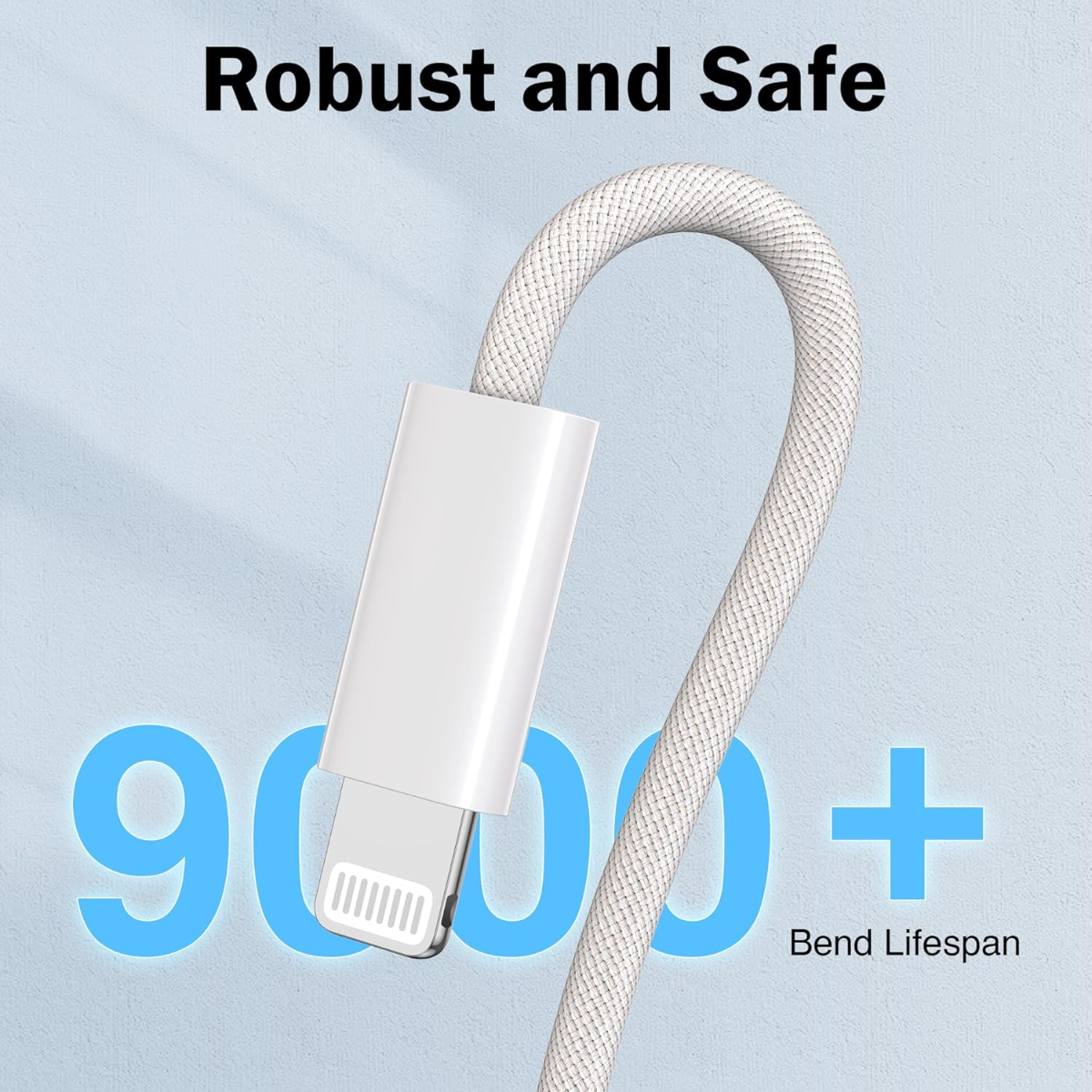 Ein weißes Ladekabel mit Lightning-Anschluss und der Zahl 9000+ Bend Lifespan.