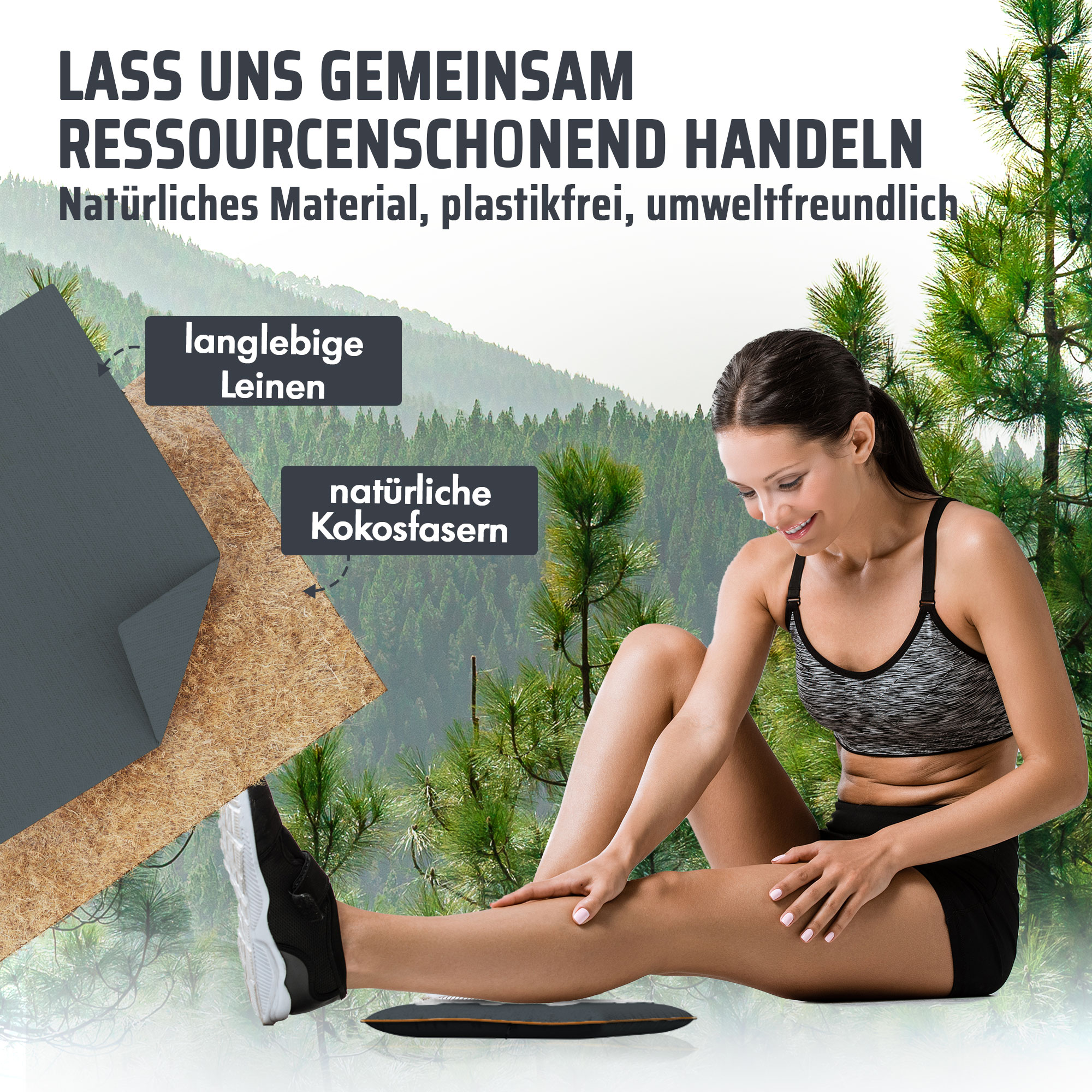 Frau mit natürlicher Kleidung sitzt im Wald, umgeben von Materialien.