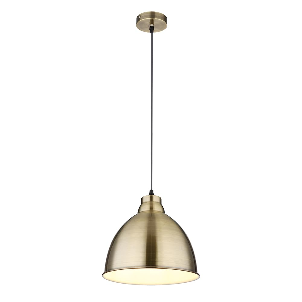 Eine bronzefarbene Pendelleuchte mit einem Glockenschirm hängt von einem Kabel ab.