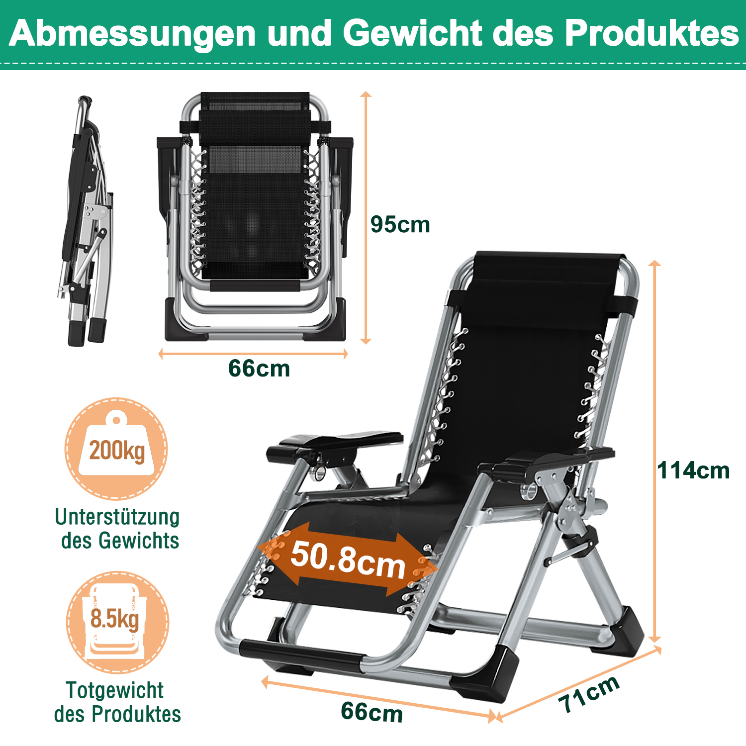 Ein schwarzer Liegestuhl mit Maßen und Gewichtsangaben. Unterstützt 200kg.