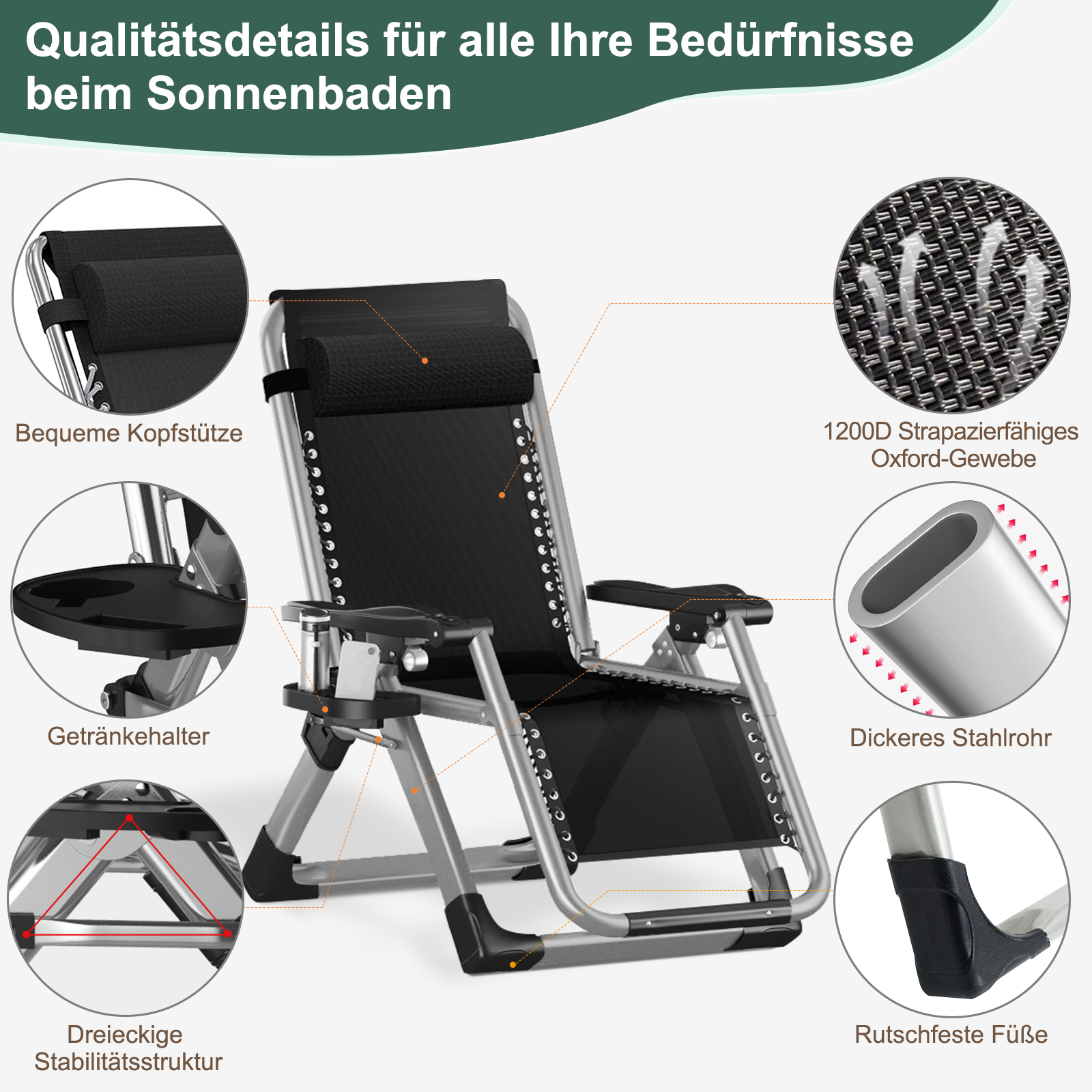 Schwarzer Zero-Gravity-Stuhl mit hervorgehobenen Details: Kopfstütze, Getränkehalter, stabiler Rahmen.