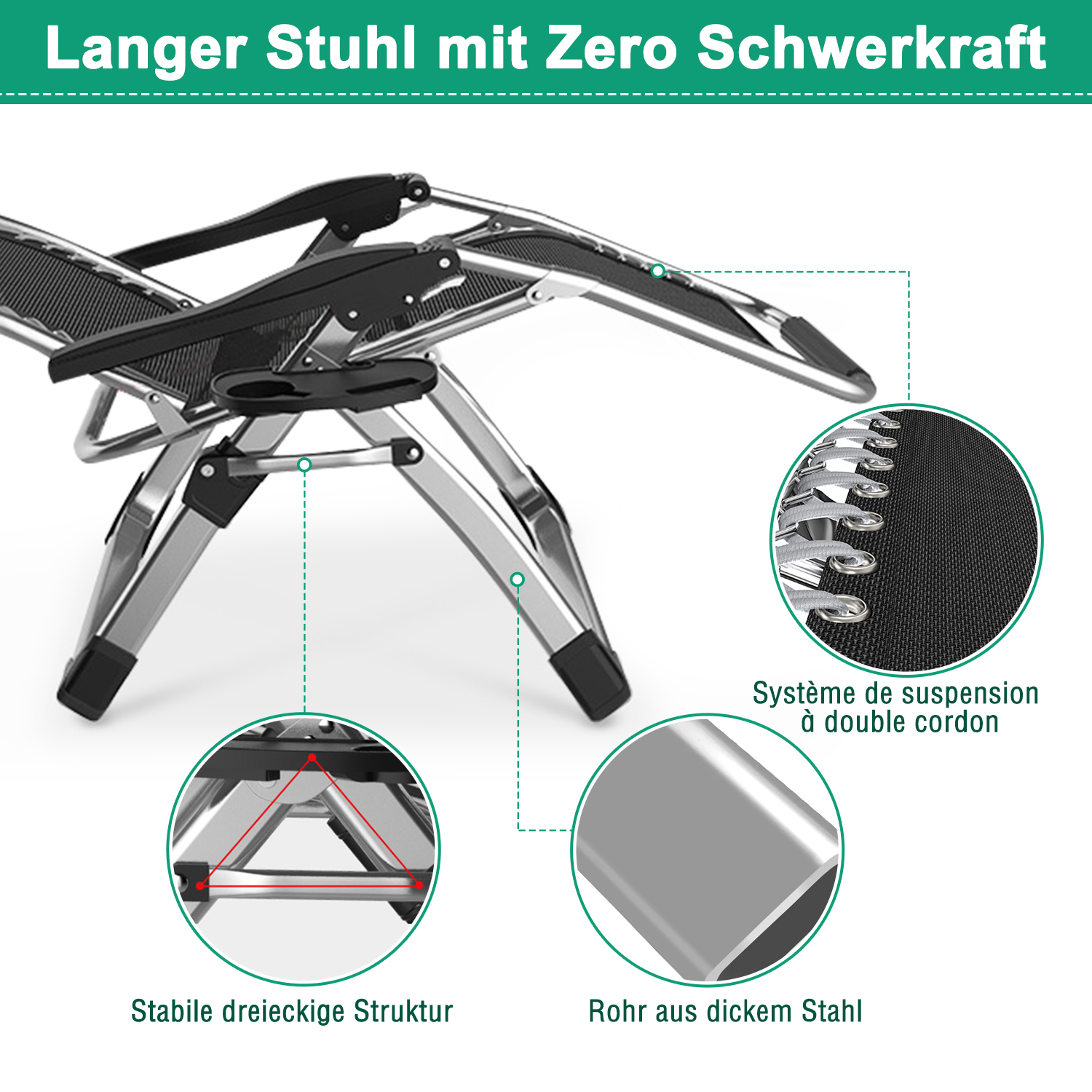 Ein Liegestuhl mit Zero-Gravity-Funktion, mit Details zu Aufhängung und Struktur.