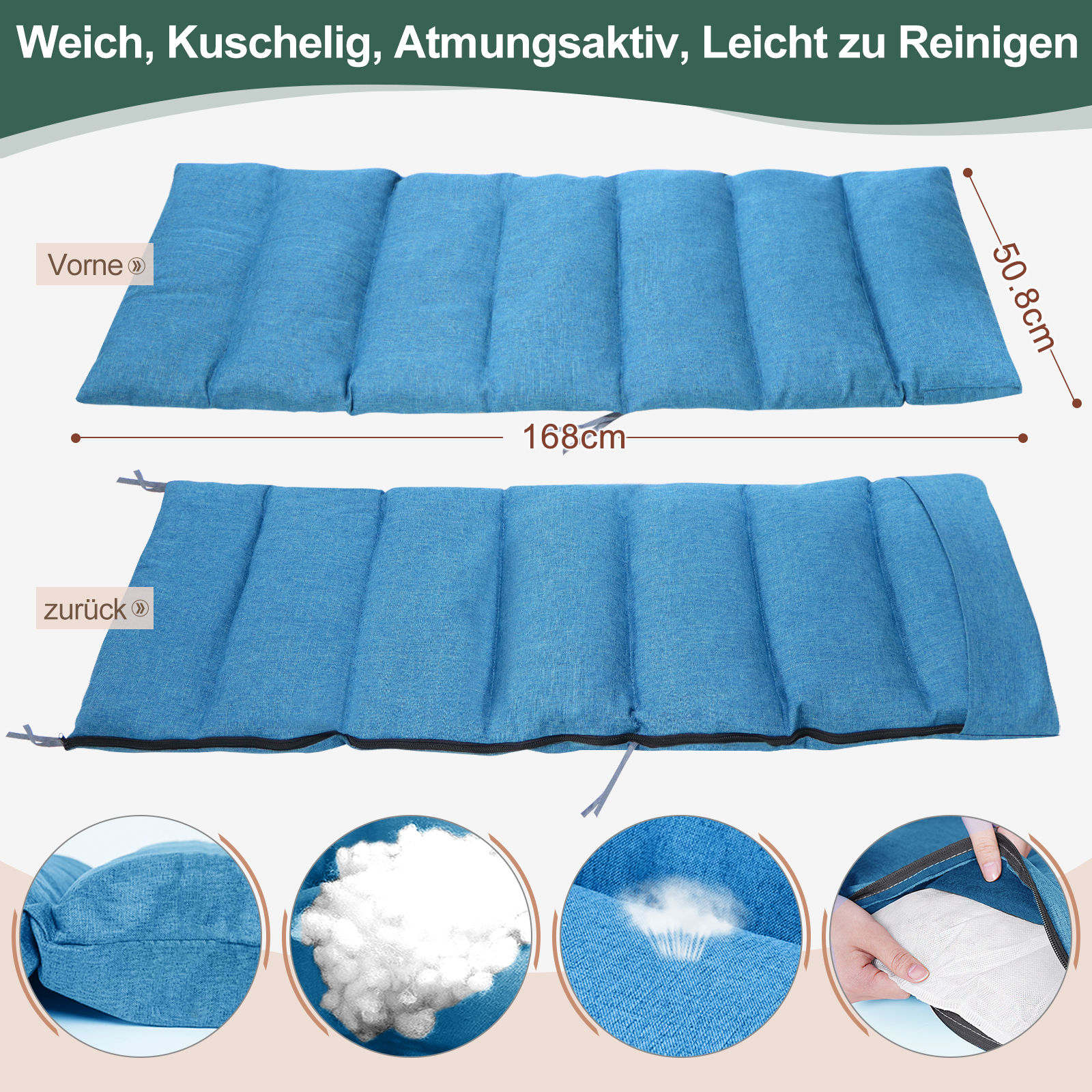 Blaues, gestepptes Kissen, 168x50.8cm, mit Detailansichten.
