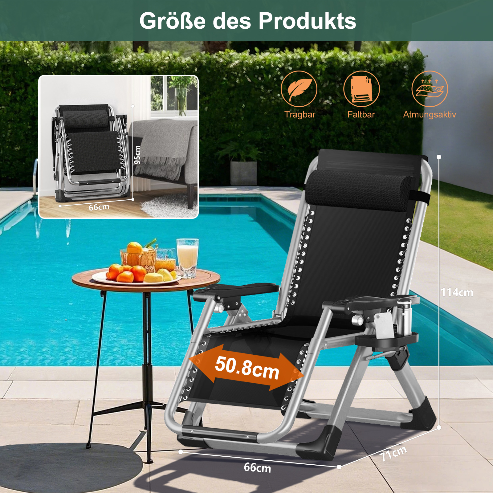 Ein schwarzer Liegestuhl mit Getränkehalter und Beistelltisch am Pool.