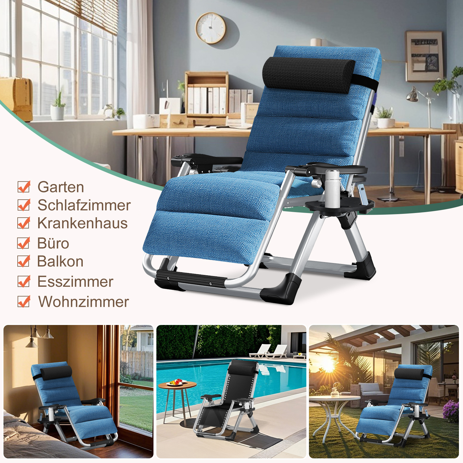 Blauer Liegestuhl mit Kopfkissen und Becherhalter, verschiedene Szenen.
