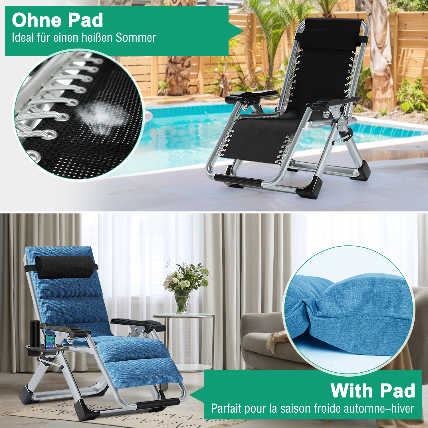 Ein schwarzer Liegestuhl ohne Polsterung am Pool und ein blauer Sessel mit Polsterung.