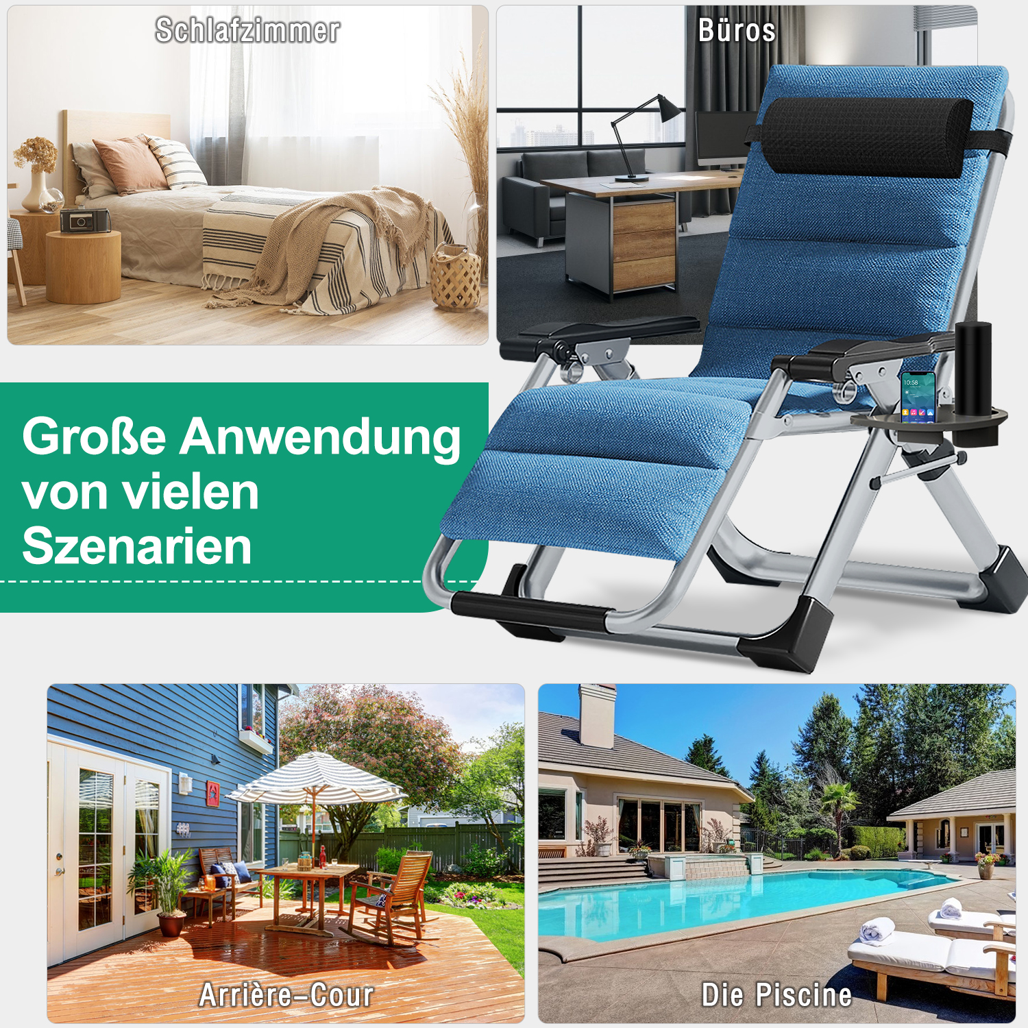 Vier Szenen: Schlafzimmer, Büro, Terrasse und Pool. Ein blauer Liegestuhl.