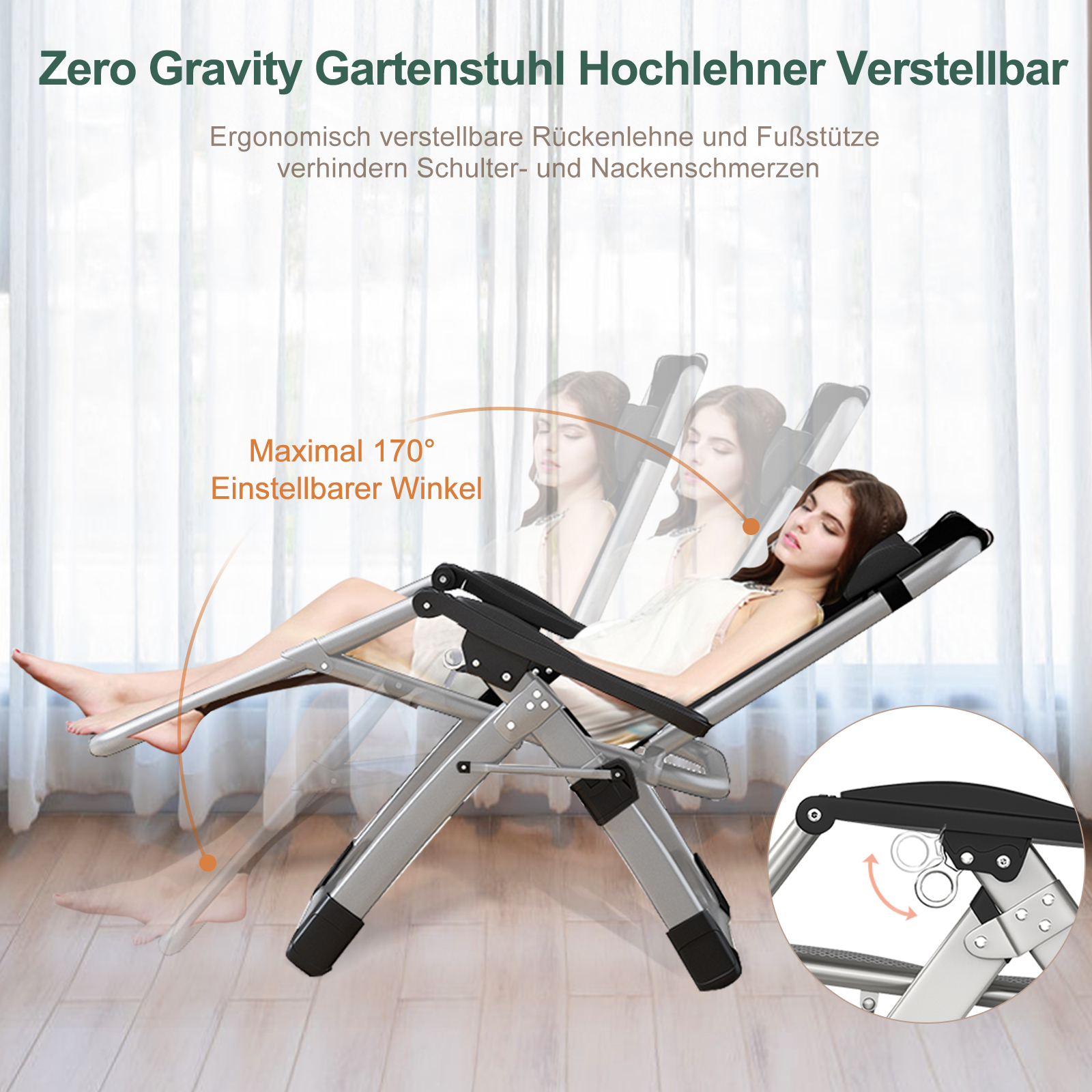 Grauer Zero-Gravity-Gartenstuhl mit verstellbarer Rückenlehne und Fußstütze für eine entspannte Frau.