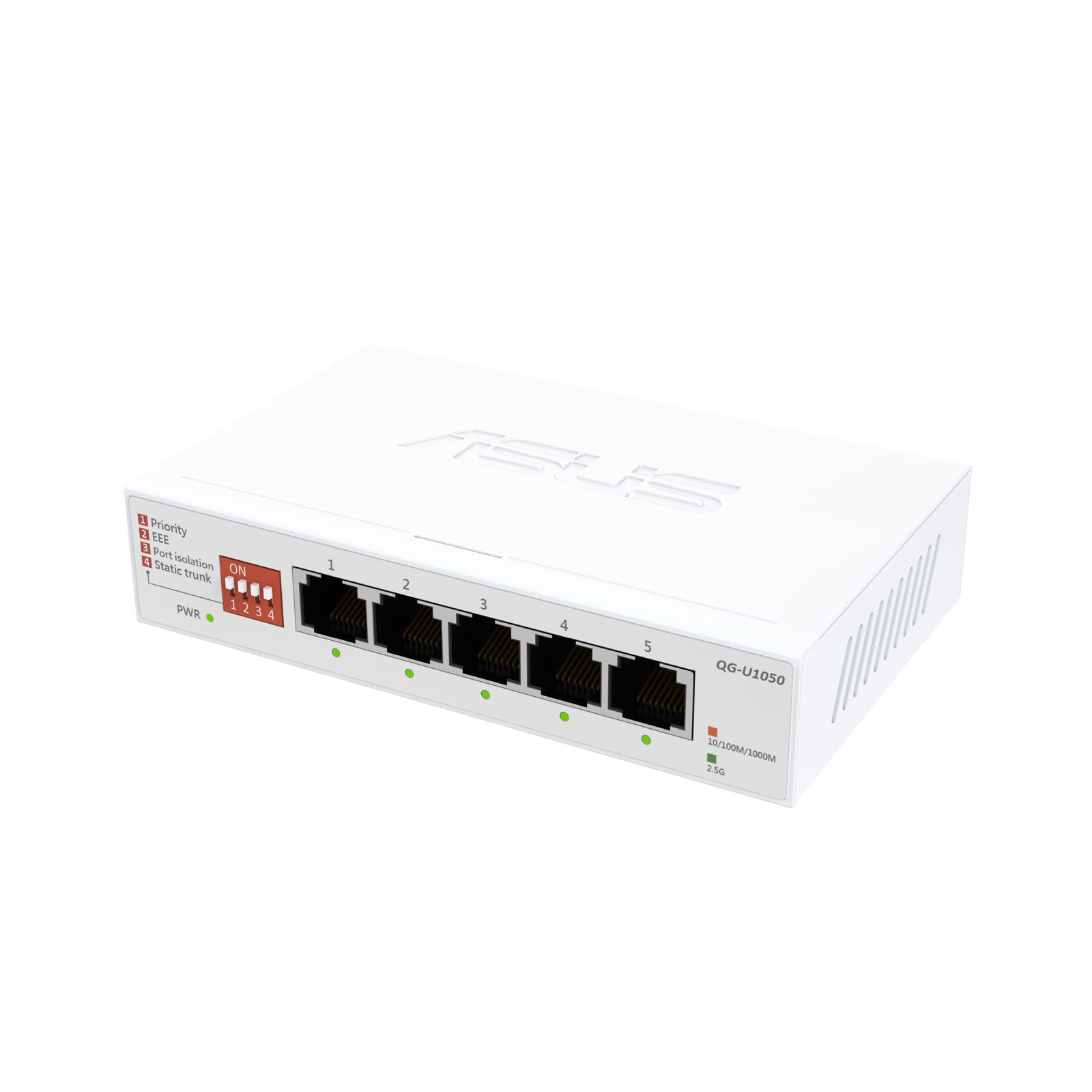 Ein weißer 5-Port-Netzwerk-Switch mit ASUS-Logo und LED-Anzeigen.