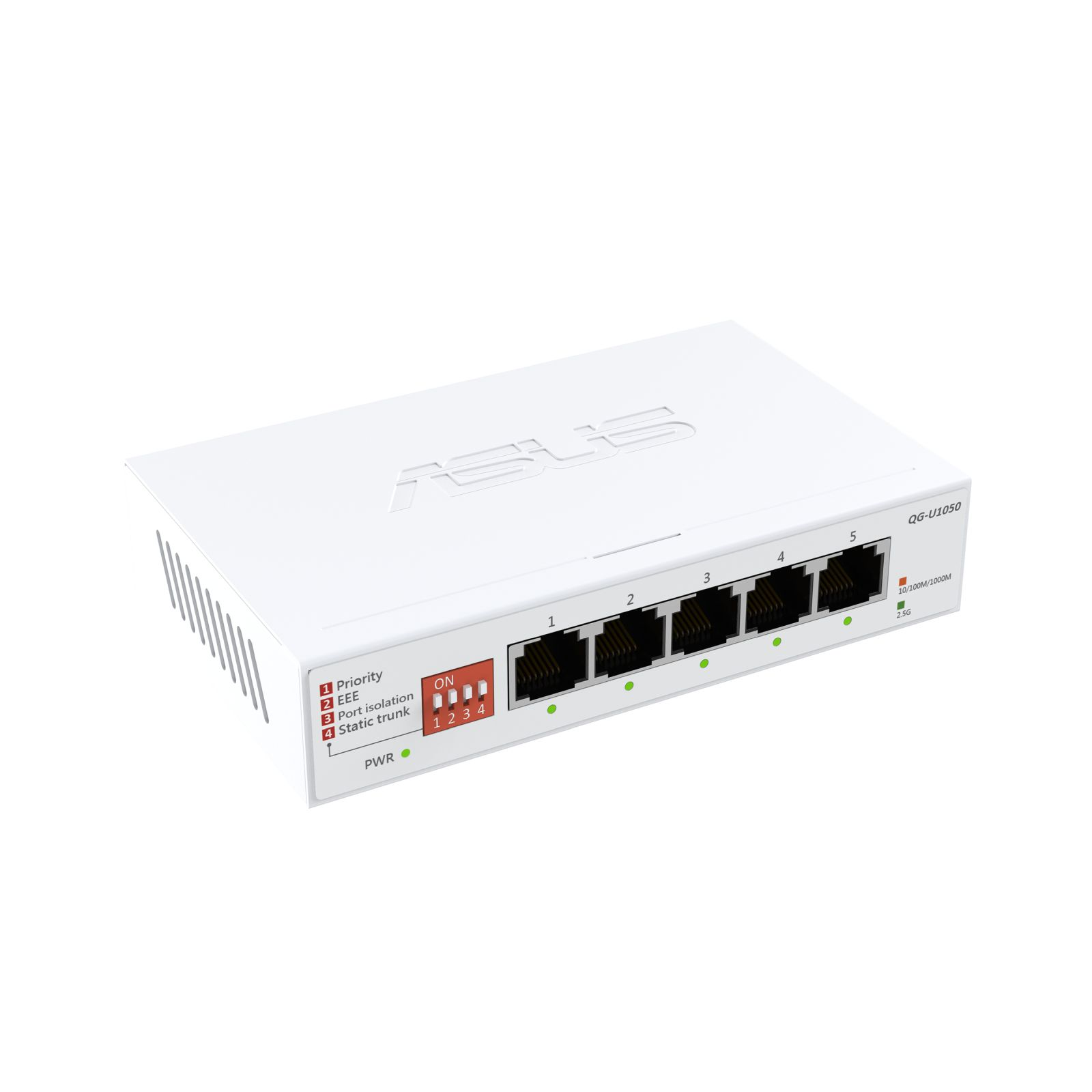 Ein weißer 5-Port-Netzwerk-Switch mit ASUS-Logo und verschiedenen Anschlüssen.