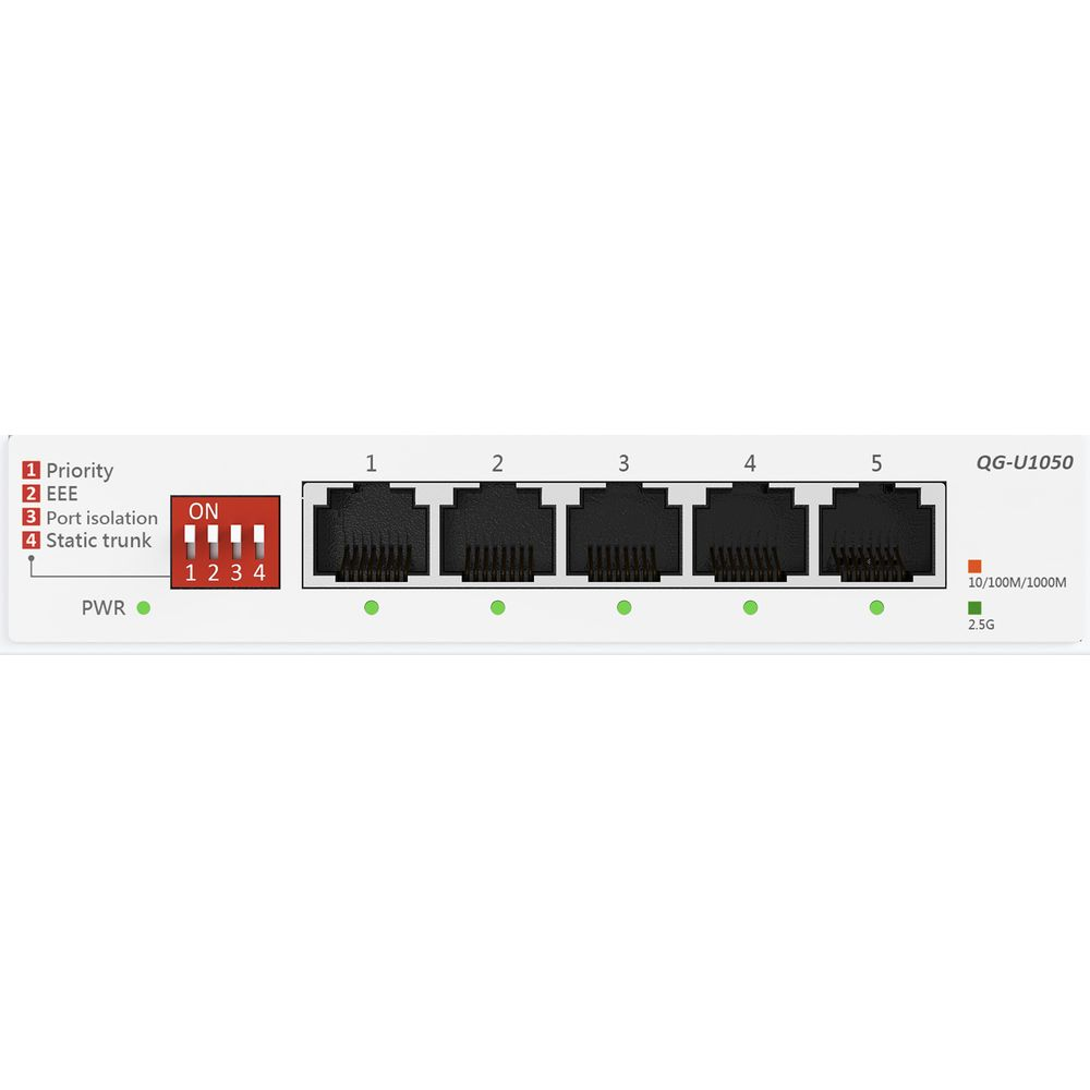 Ein Netzwerk-Switch mit 5 Anschlüssen, LEDs und Schaltern.