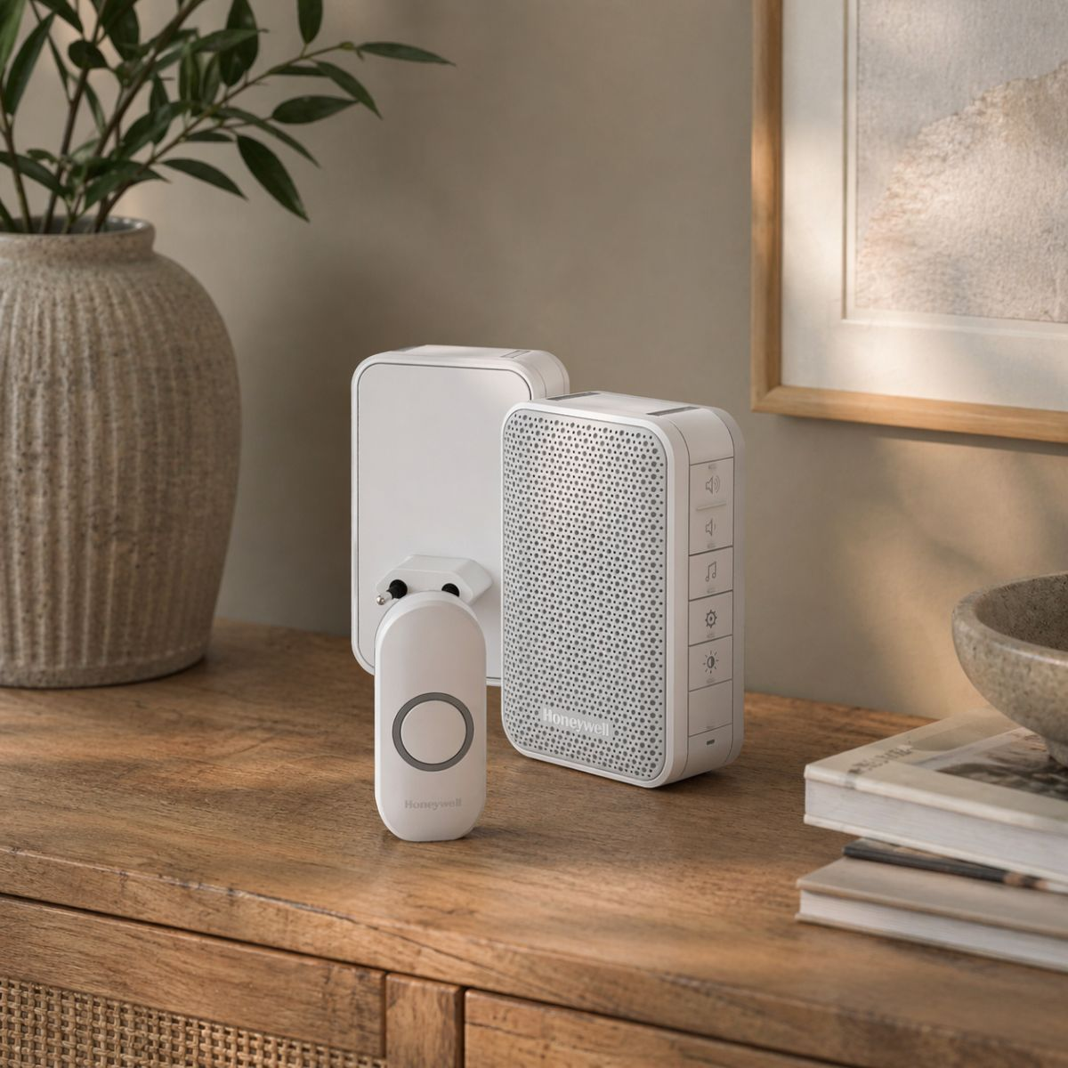 Wireless doorbell set with a push button and a receiver on a wooden surface.
