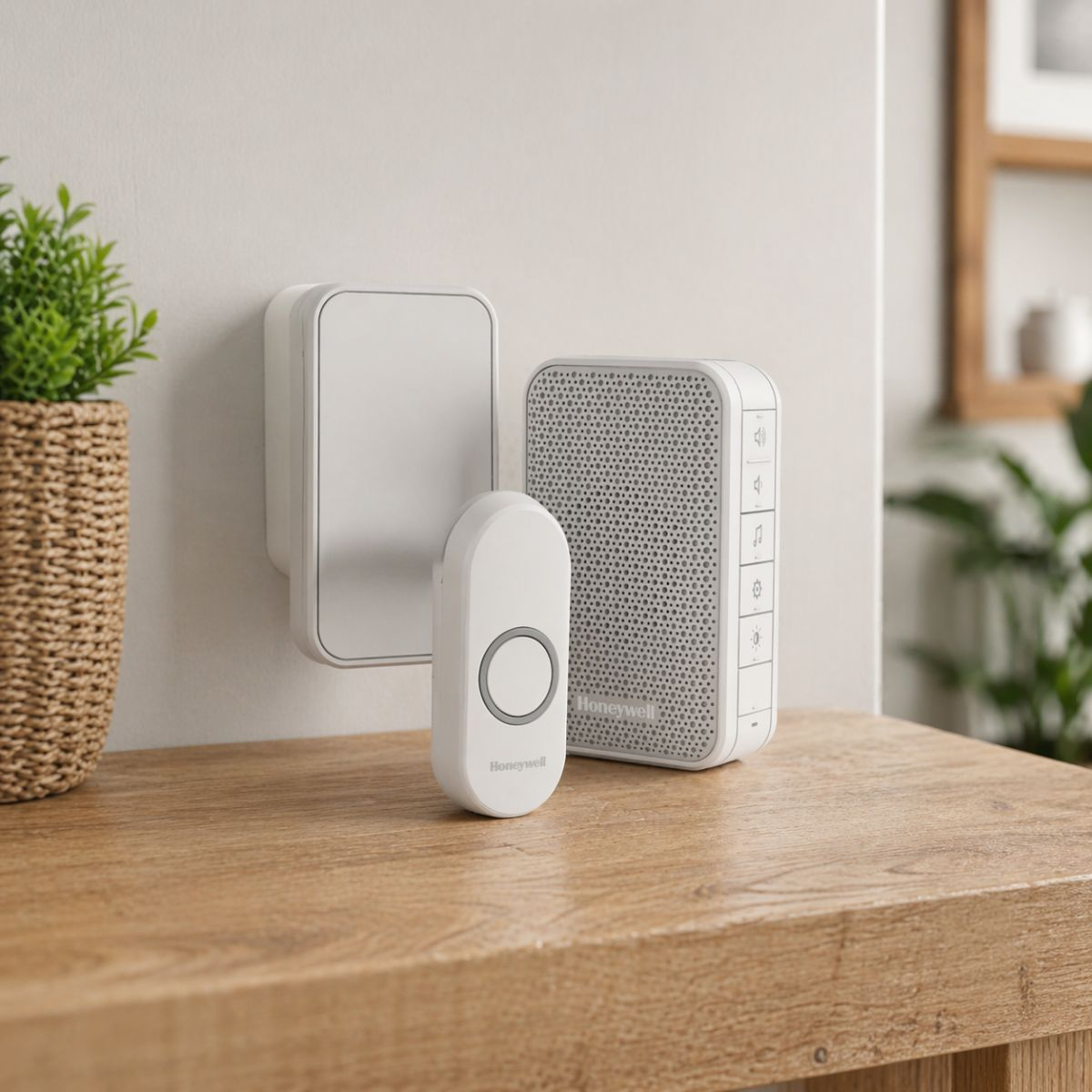 Wireless doorbell set with white push button and receiver on wall.