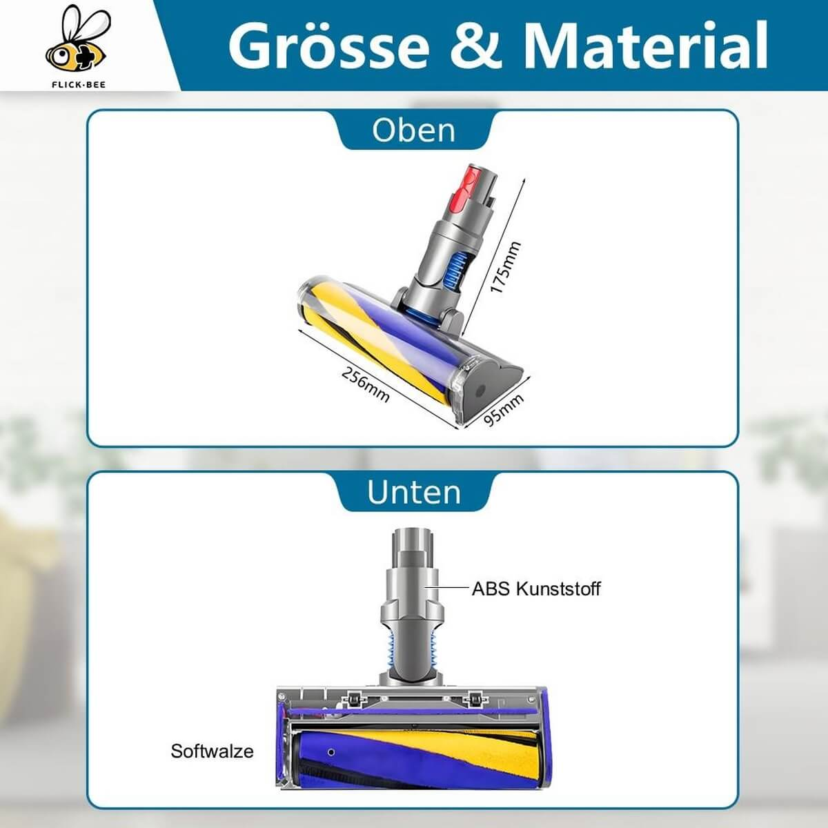 Dimensioni testa aspirapolvere: 256x95x175mm. Vista superiore e inferiore con rullo morbido.
