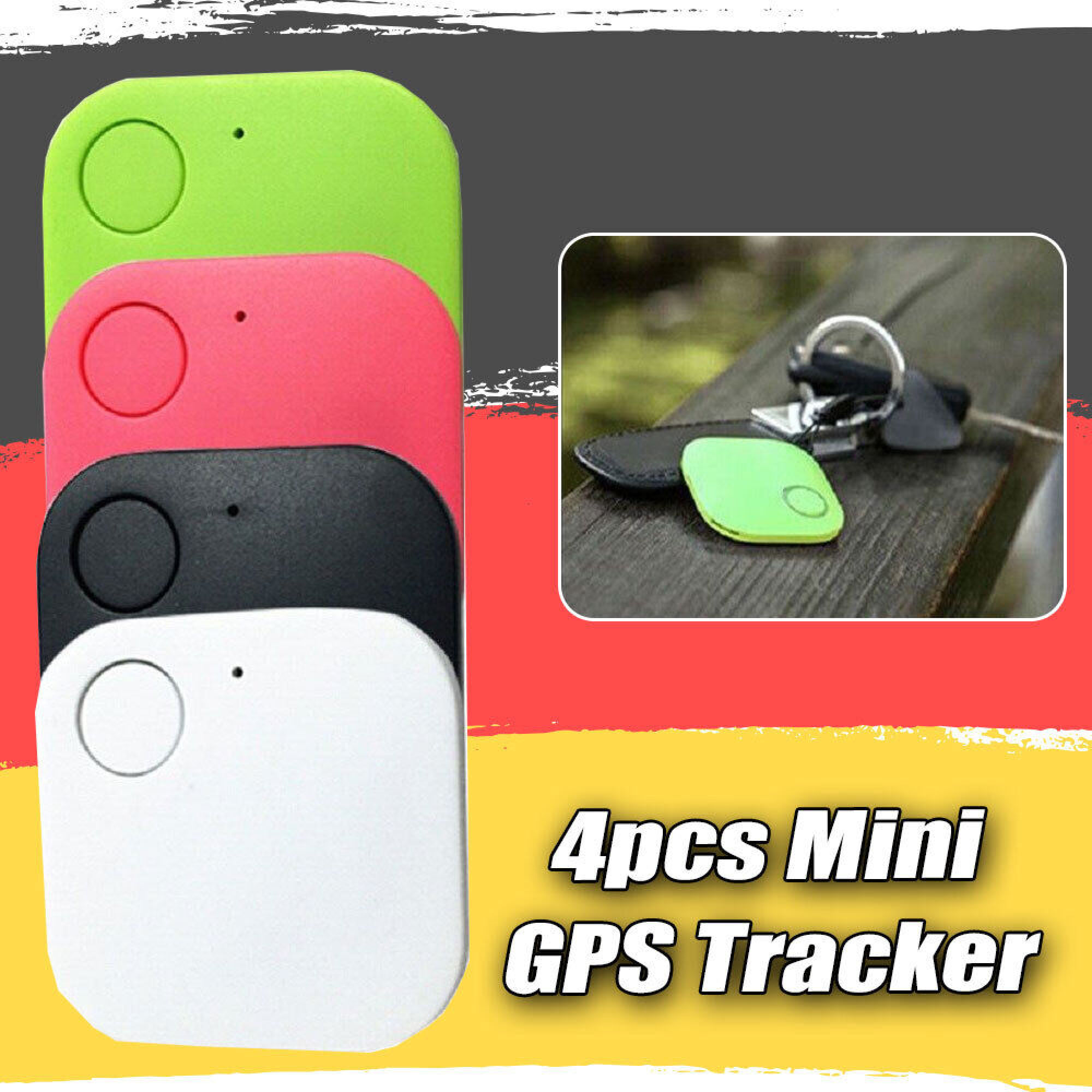 Vier Mini-GPS-Tracker in Grün, Rosa, Schwarz und Weiß, einer mit Schlüsseln.