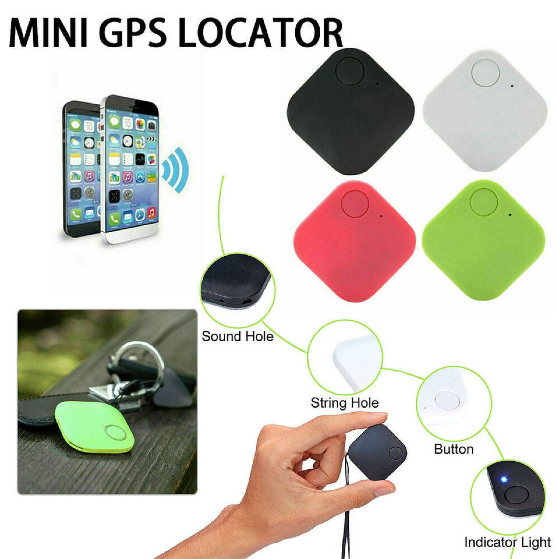 Vier quadratische GPS-Tracker in Schwarz, Weiß, Rot und Grün.