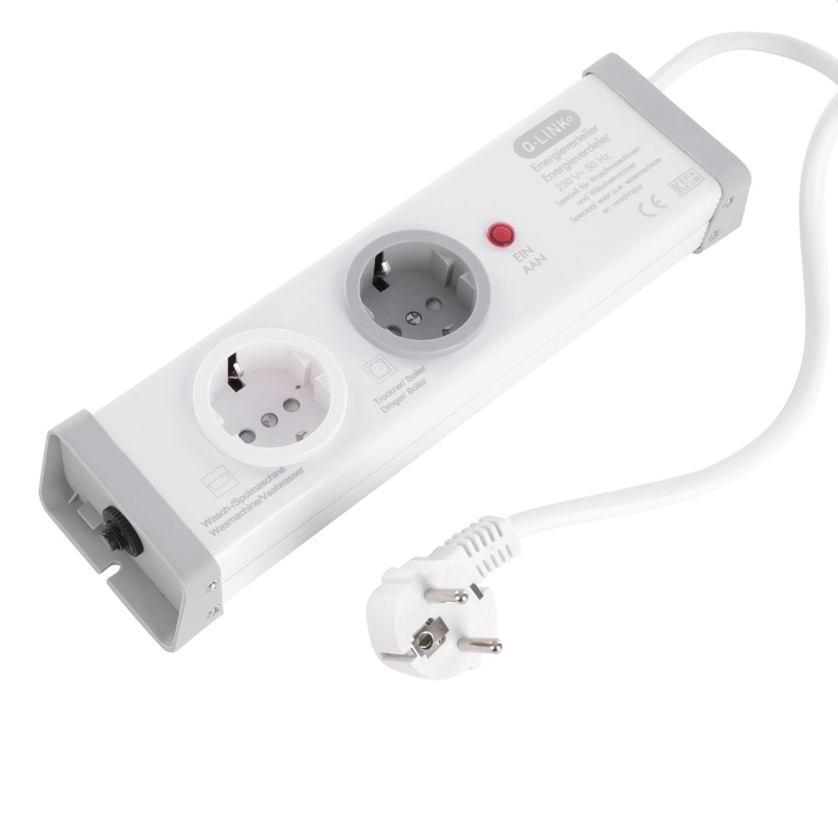 Een witte stekkerdoos met twee stopcontacten en een stekker.