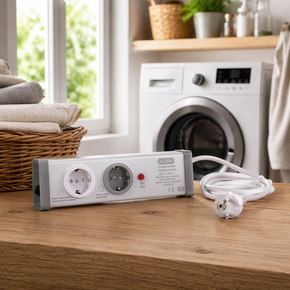 Een stekkerdoos met twee stopcontacten op een houten tafel voor een wasmachine.