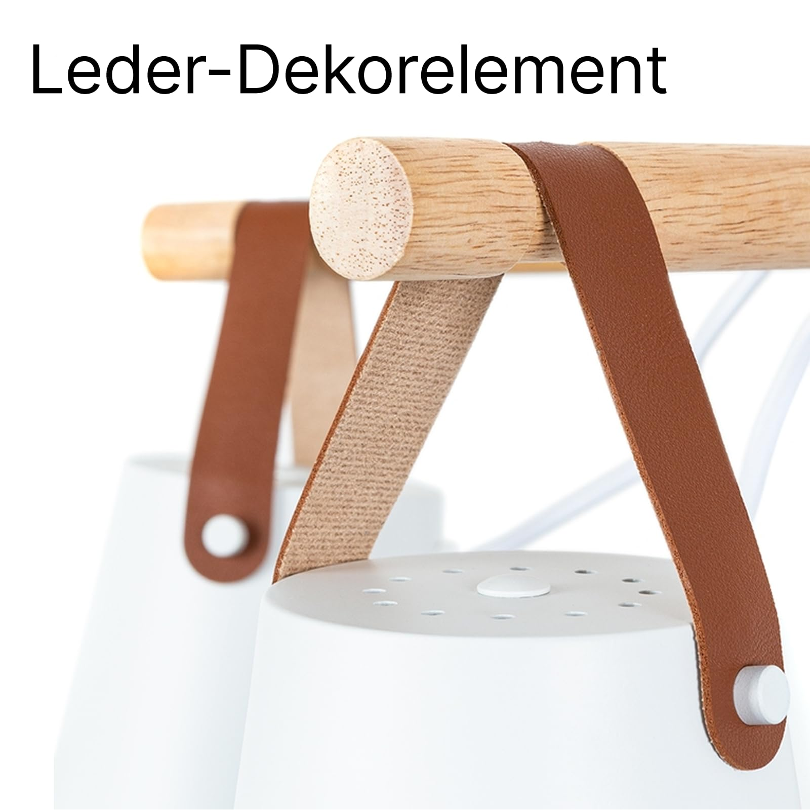 Holzstange mit braunen Lederriemen und weißen Lampenschirmen.