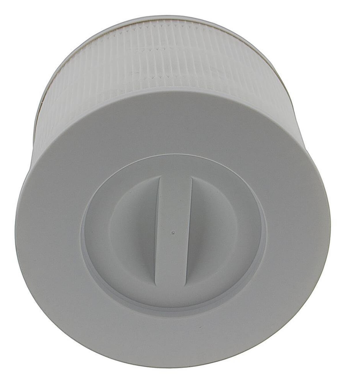 Un filtro bianco con coperchio grigio, su sfondo bianco.