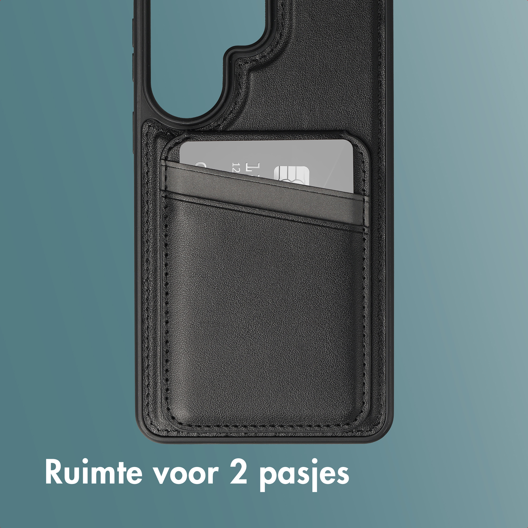 Black leather phone case with a slot for two cards.