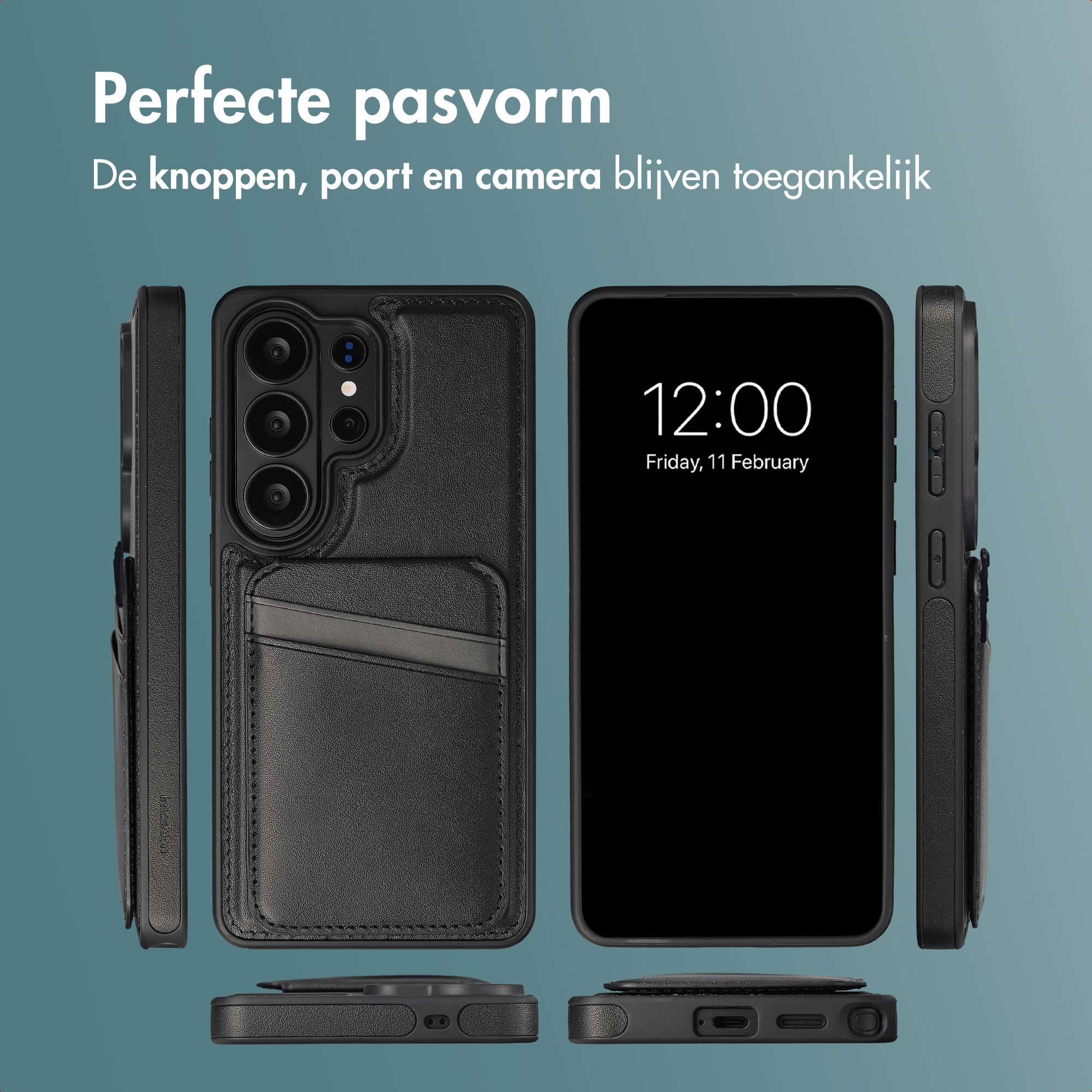 Black phone case with card holder and smartphone display. Multiple views.