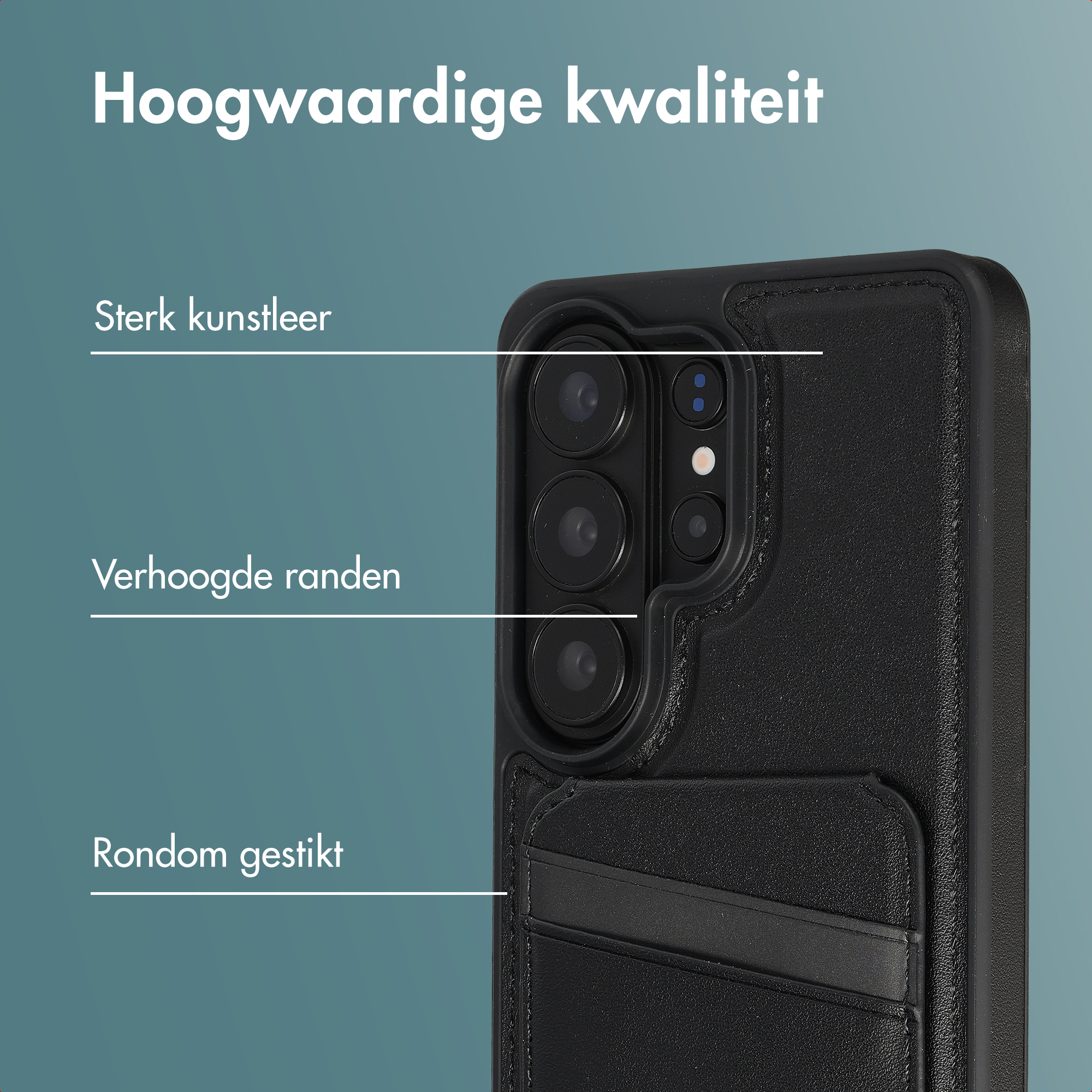 Black phone case with camera and card slots.