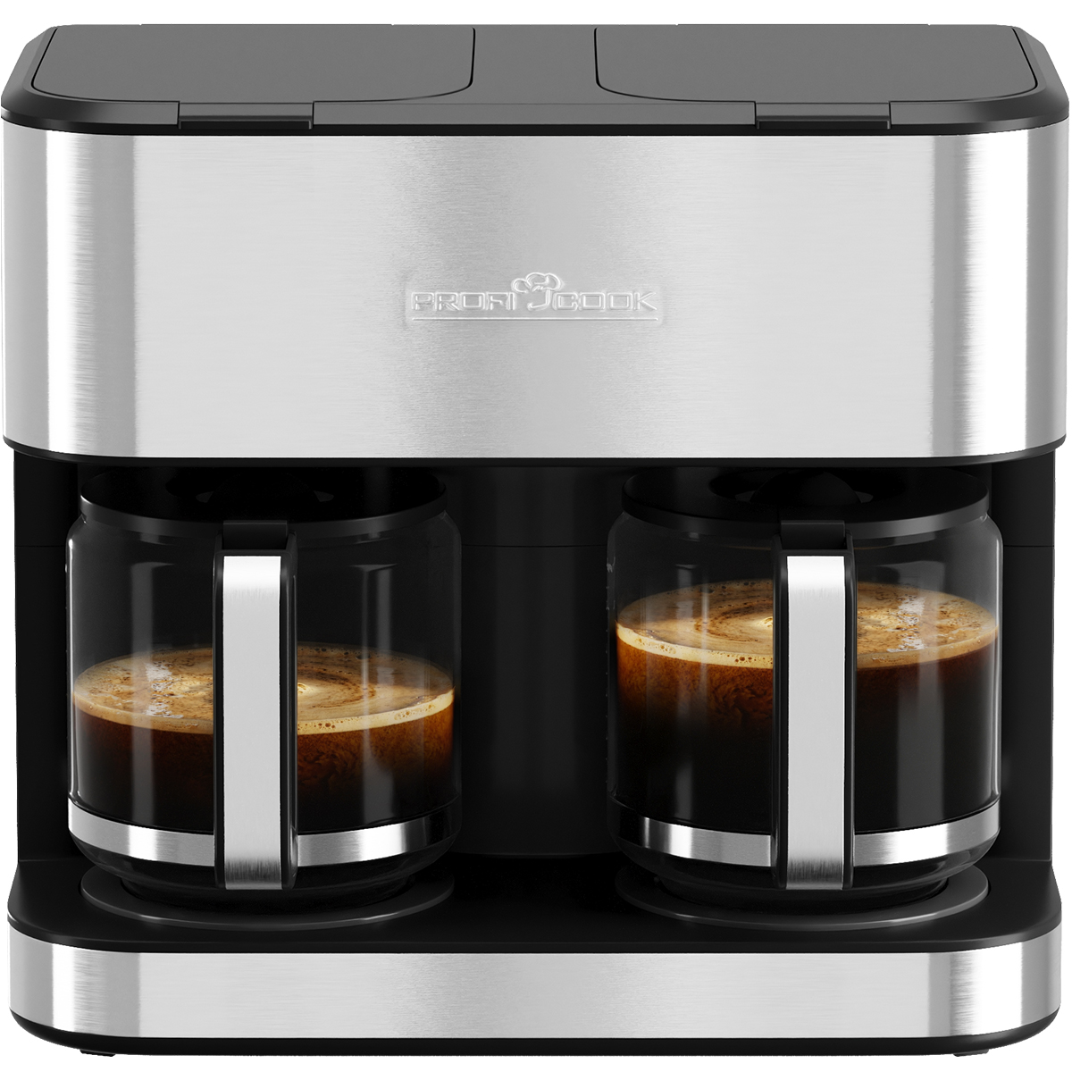 Eine silberne und schwarze Kaffeemaschine mit zwei Glaskaraffen, gefüllt mit Kaffee.