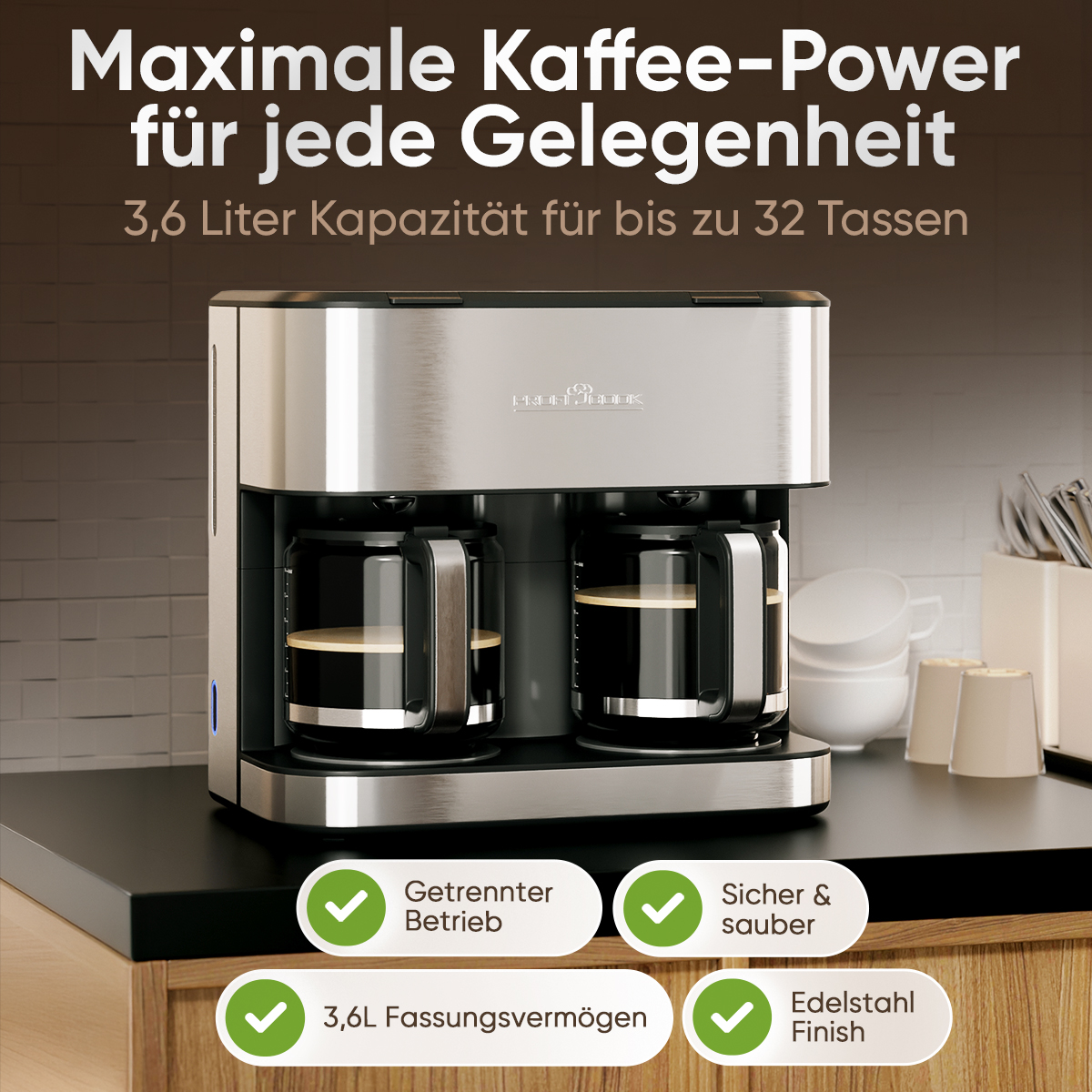 Doppel-Kaffeemaschine mit Edelstahlgehäuse und Glaskaraffen.