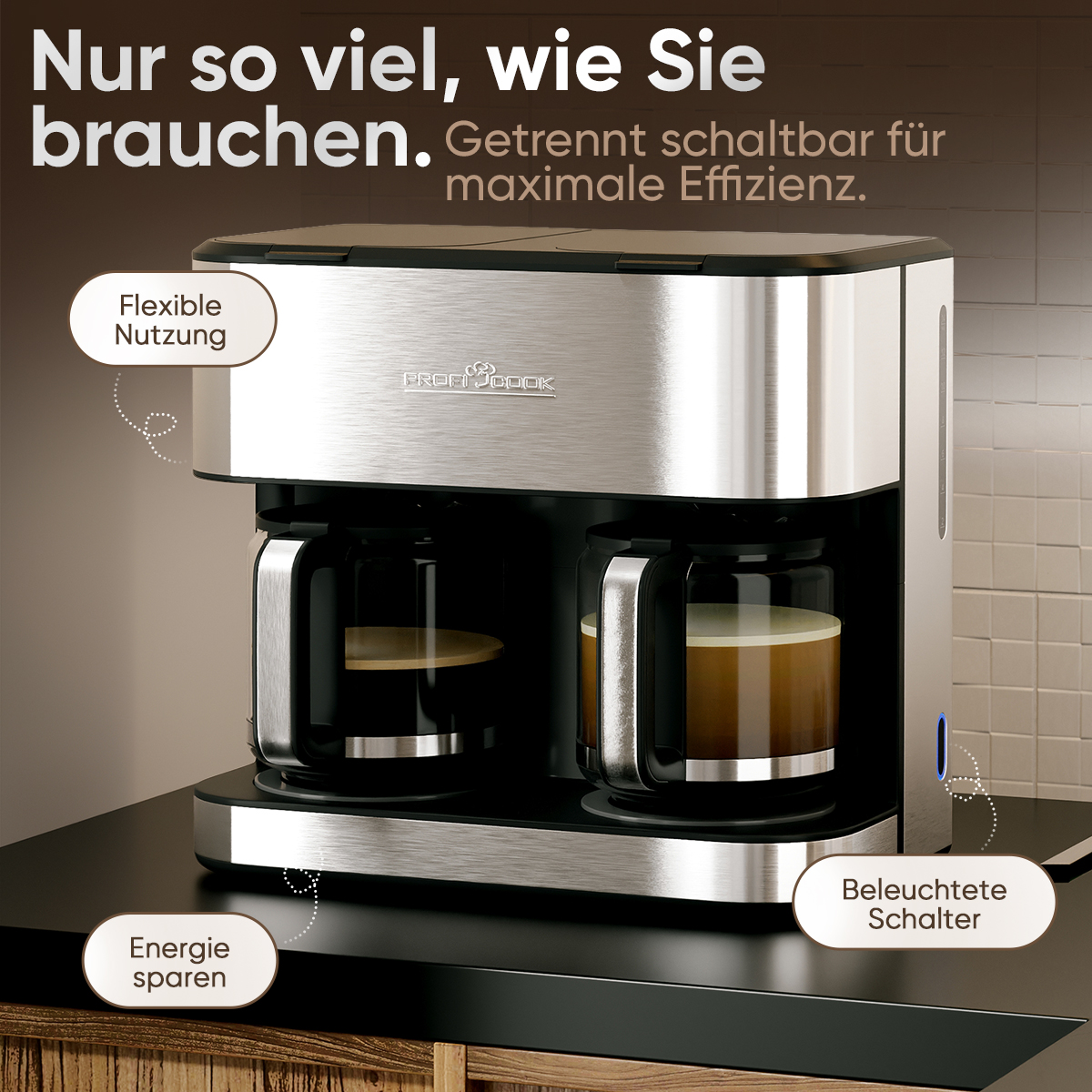 Edelstahl-Kaffeemaschine mit zwei Glaskaraffen, flexible Nutzung, Energie sparen.
