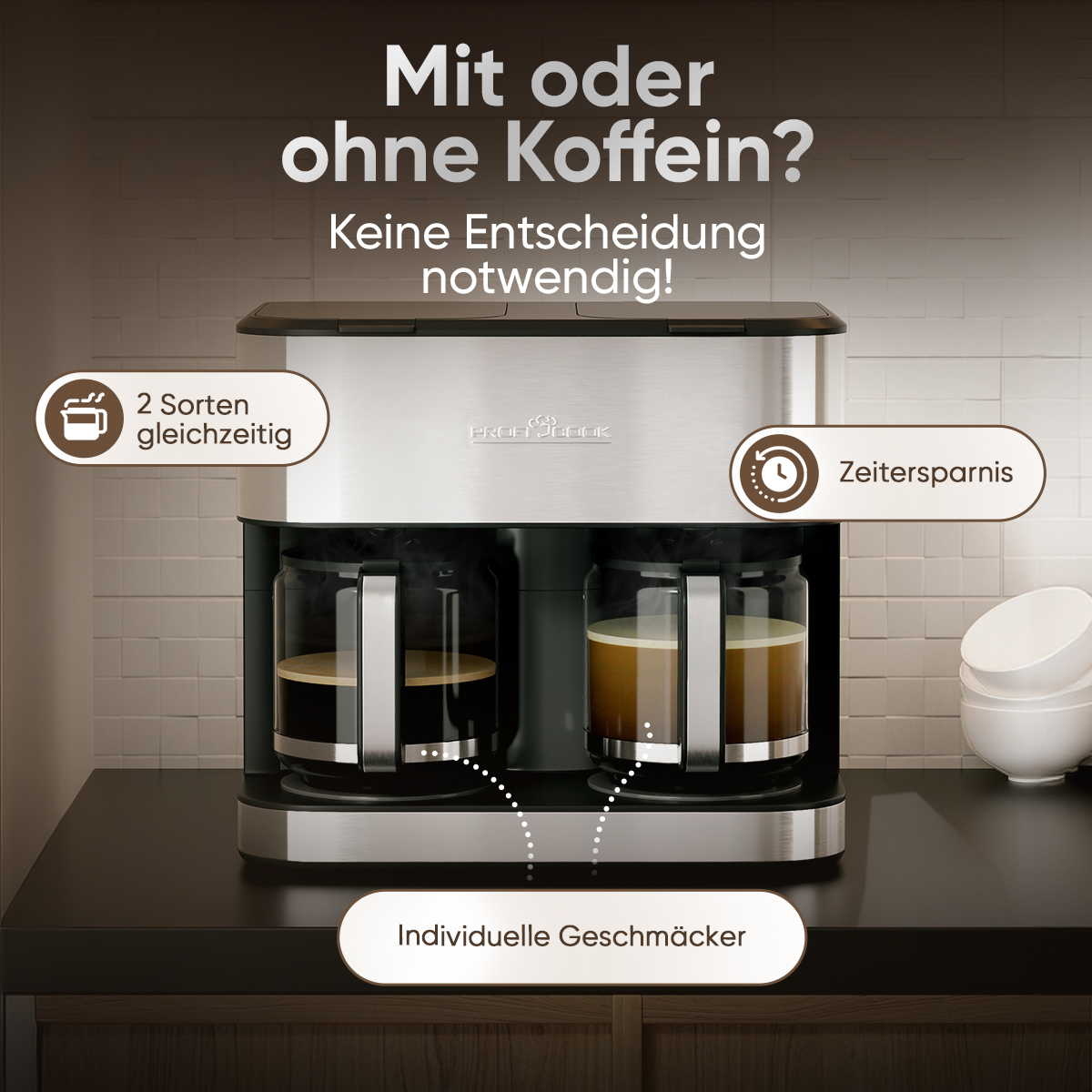 Kaffeemaschine mit zwei Glaskaraffen, die gleichzeitig Kaffee brüht.