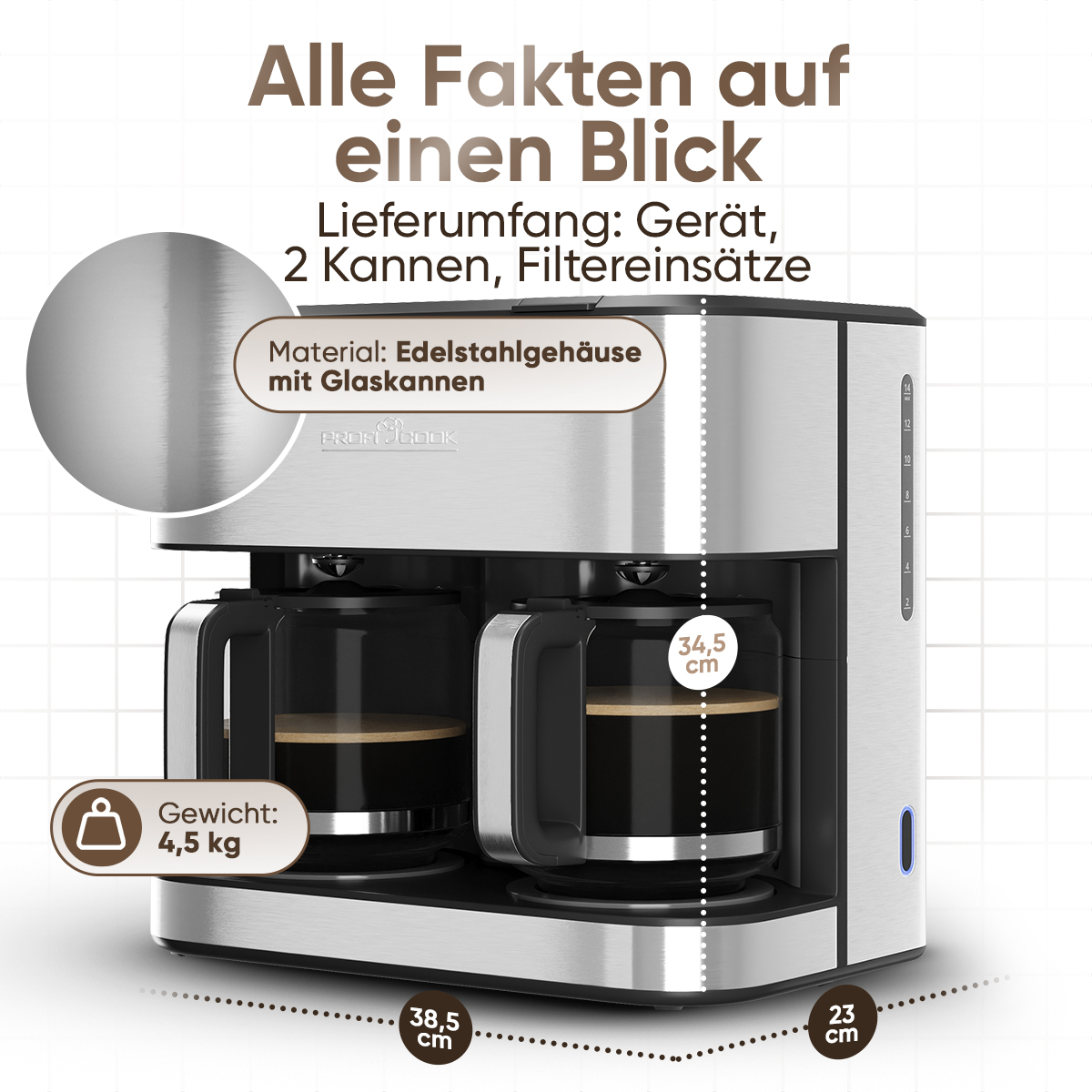 Kaffeemaschine aus Edelstahl mit zwei Glaskannen, 4,5 kg schwer.