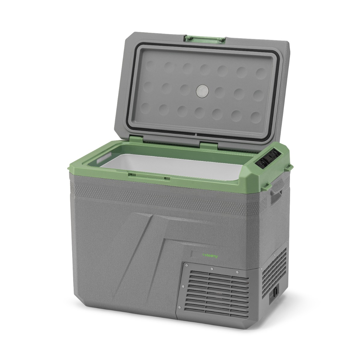 Grauer und grüner Kühler mit geöffnetem Deckel, digitale Anzeige.