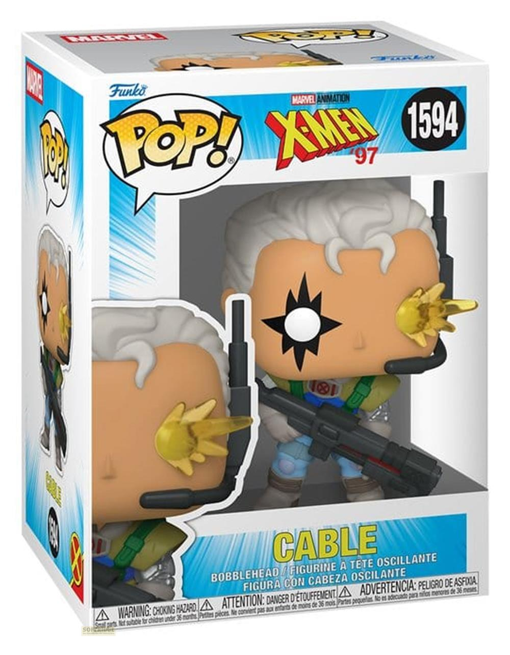 Figura Funko Pop! de Cable de X-Men '97, sosteniendo un arma, con efecto de energía amarillo.