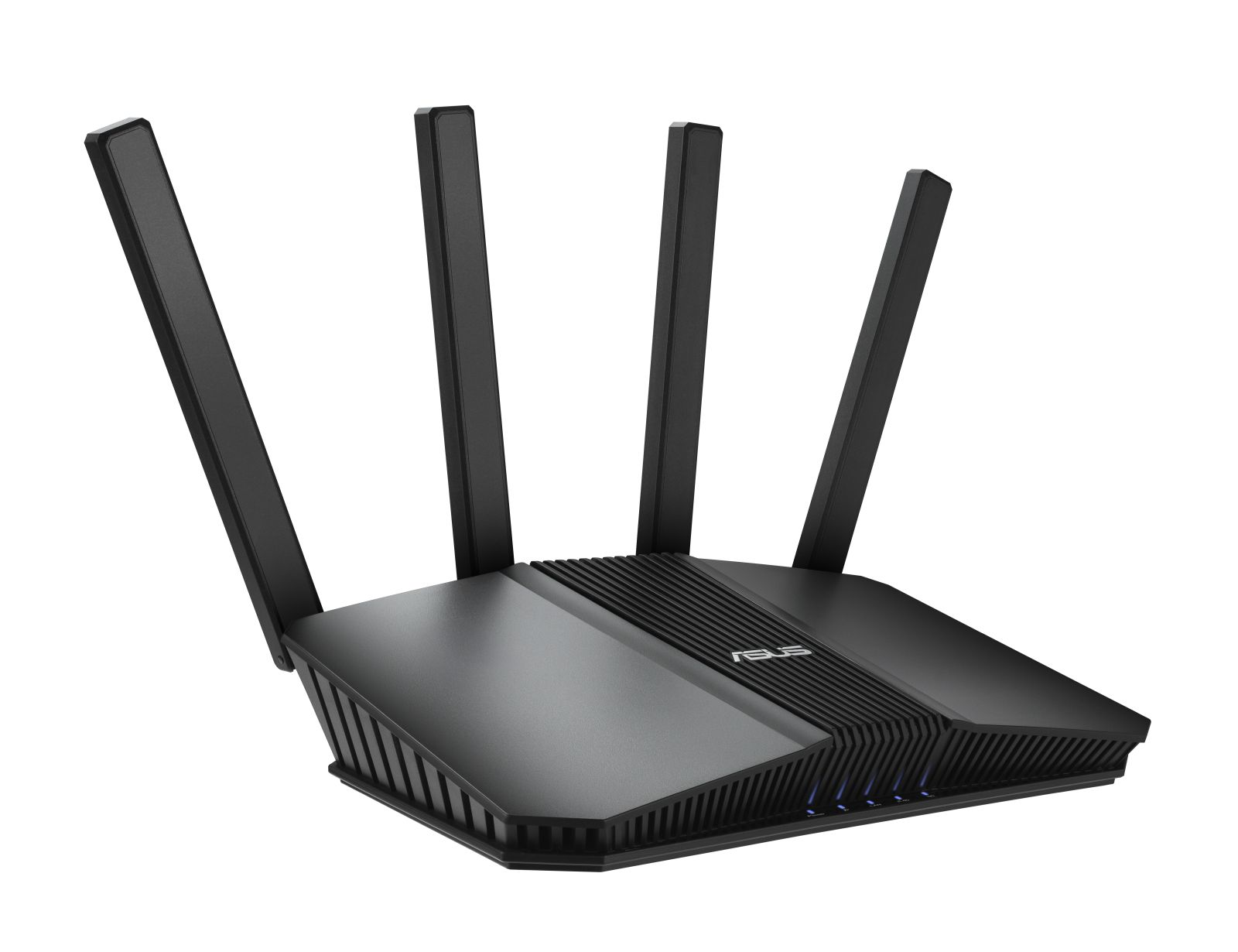 Schwarzer Router mit vier Antennen auf weißem Hintergrund.