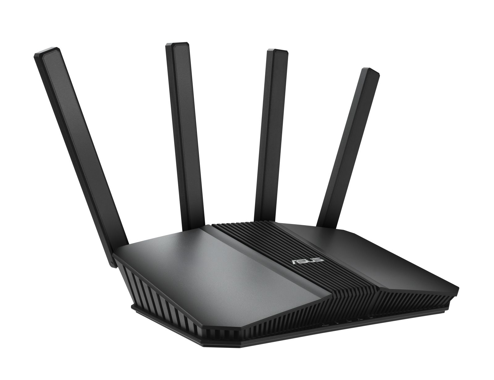 Schwarzer Router mit vier Antennen auf weißem Hintergrund.