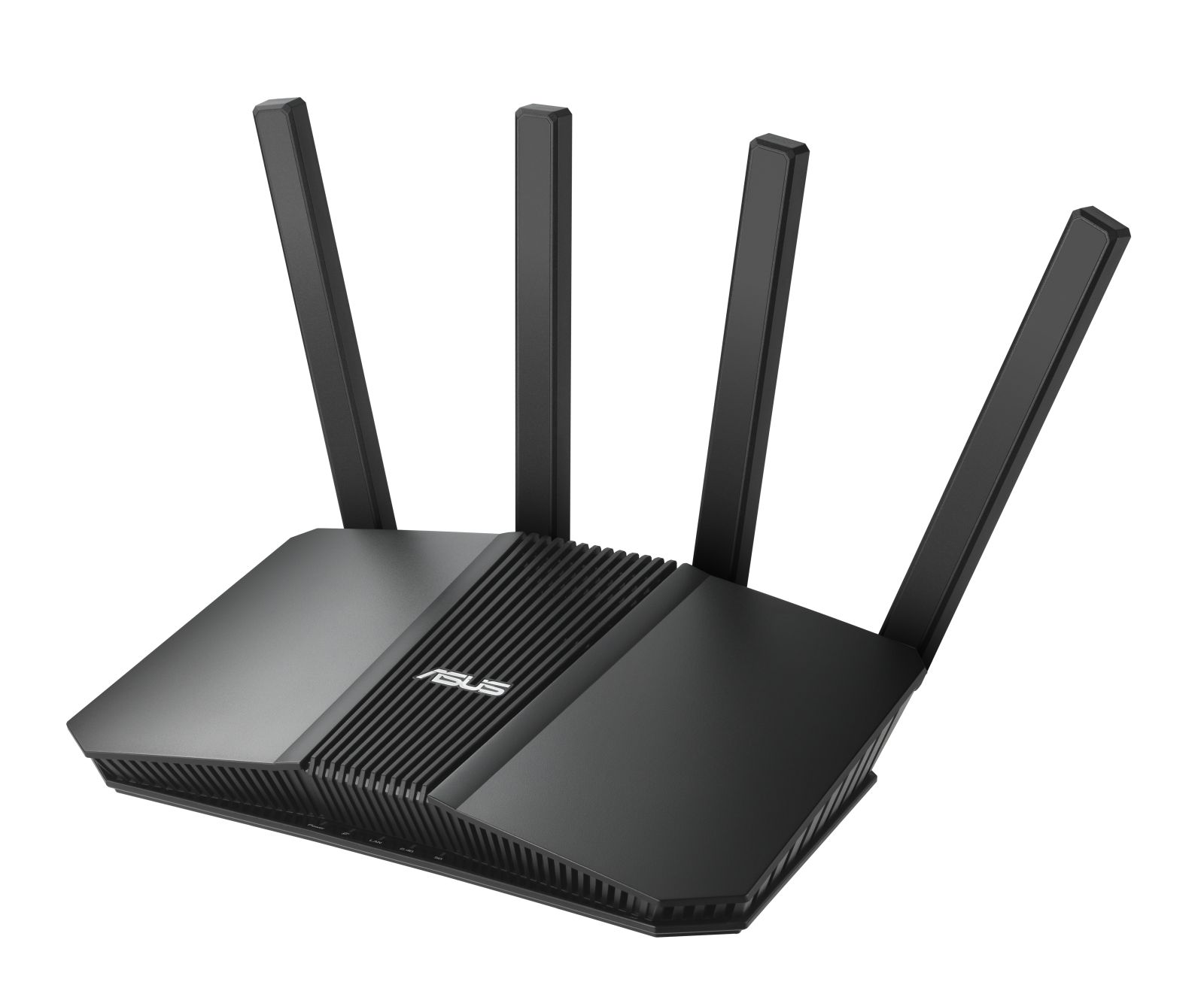 Ein schwarzer Router mit vier Antennen, auf weißem Hintergrund.