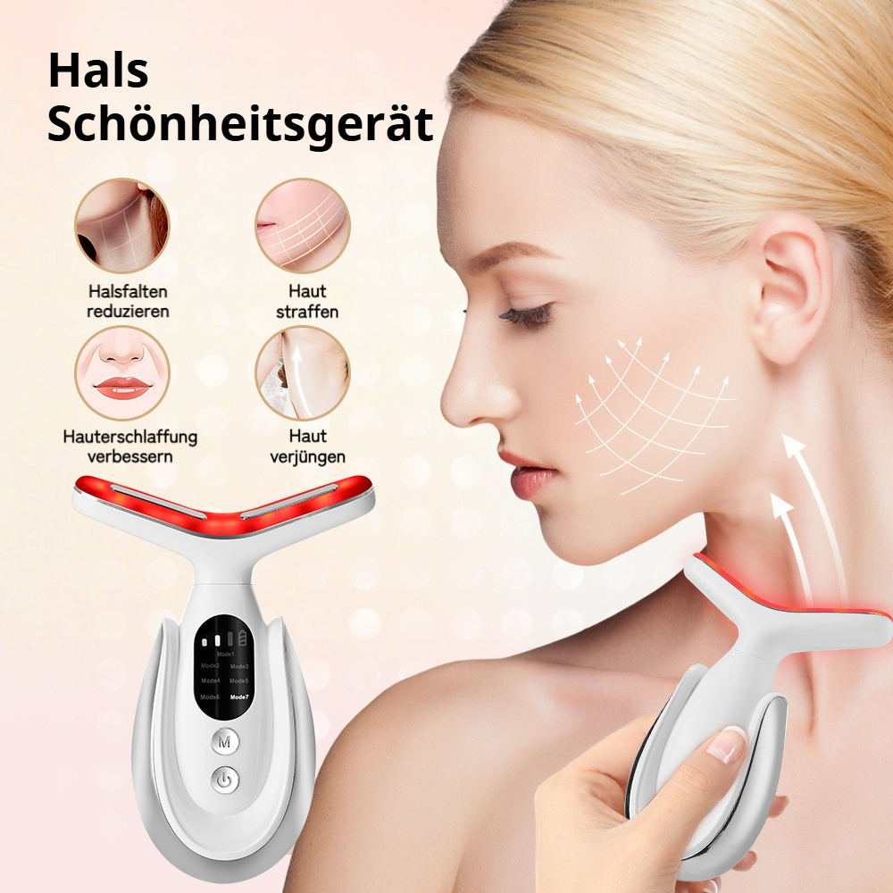 Hals-Schönheitsgerät mit Frau und Produktbildern: Faltenreduktion, Straffung, Verjüngung.