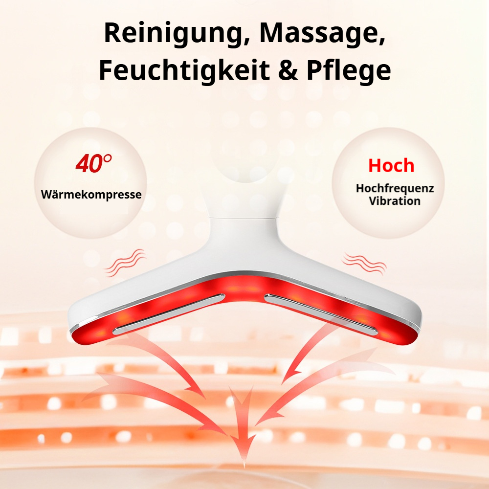 Ein weißes Beauty-Gerät mit roten LED-Lichtern, das 40° warme Kompressen und Hochfrequenzvibration zeigt.