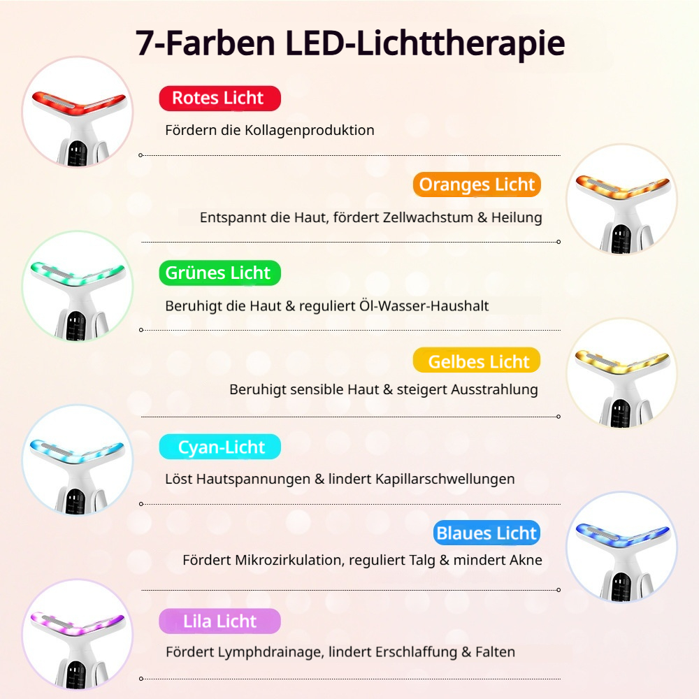 7-Farben LED-Lichttherapie mit roten, orangen, grünen, gelben, cyan, blauen und lila Lichtern.