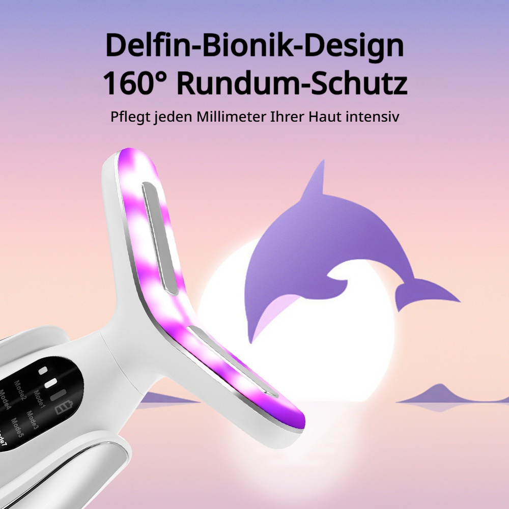 Ein weißes Gerät mit lila Lichtern, daneben ein Delfin-Symbol.