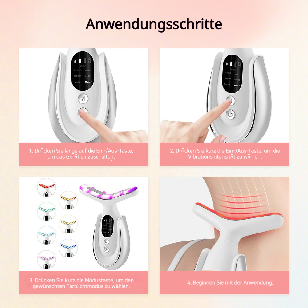Schritte zur Anwendung eines Schönheitsgeräts, mit Fokus auf Tasten und Modi.