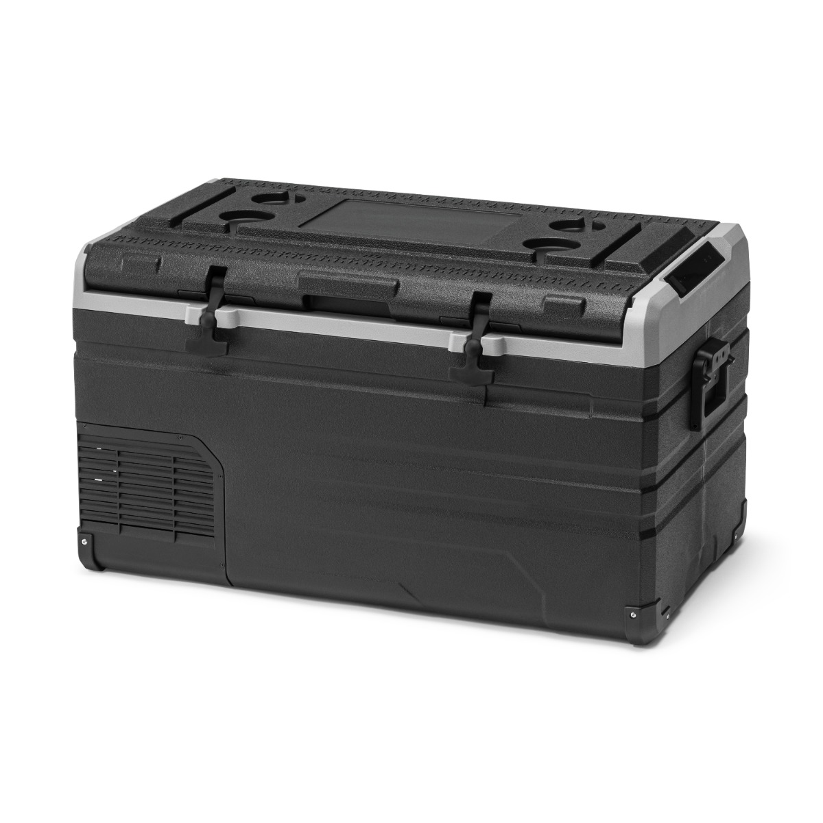 Schwarze Kühlbox mit silbernen Akzenten und Griffen, auf weißem Hintergrund.
